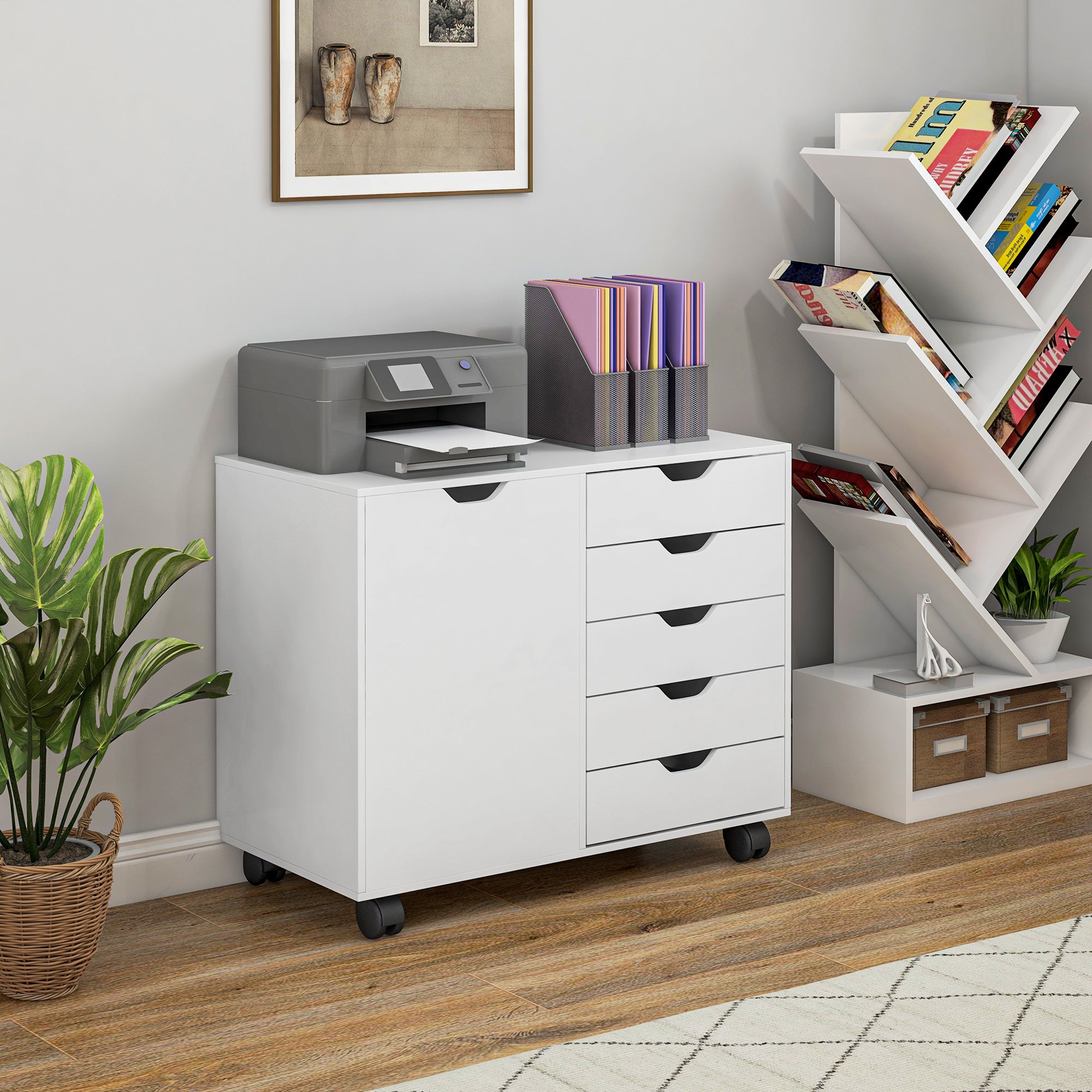 Mobile Filing Cabinet with 5 Drawers, Door and Adjustable Shelf, Rolling File Cabinet, Printer Table for Study-Office Products > Office Furniture > Office Cabinets & Cupboards-DECOROLALA