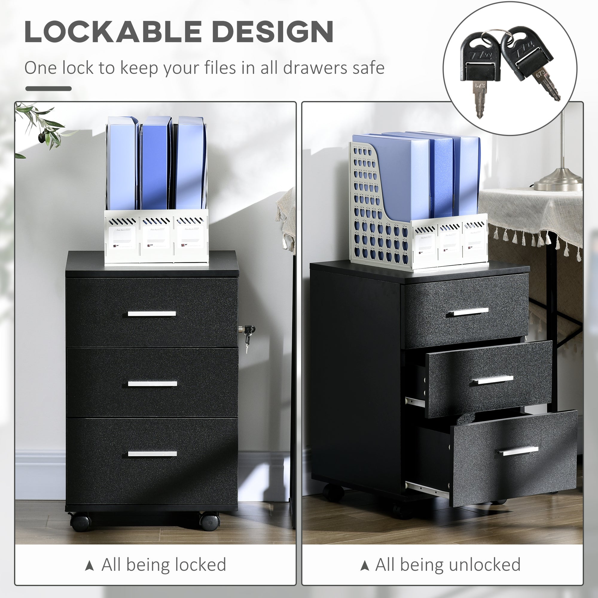 Mobile Filing Cabinet with Wheels, 3 Drawer File Cabinet with Lock and Keys for Home Office, Black-Office Products > Office Furniture > Office Cabinets & Cupboards-DECOROLALA