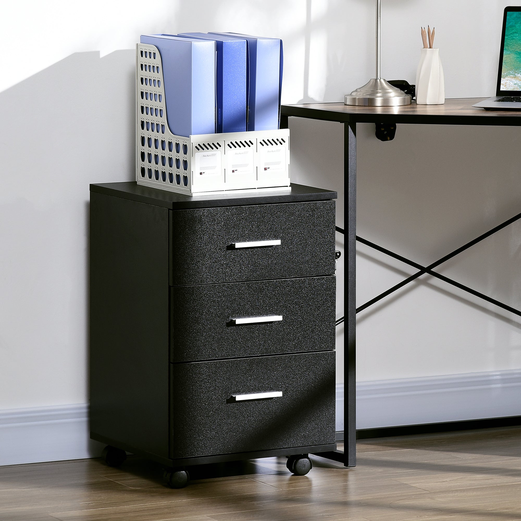 Mobile Filing Cabinet with Wheels, 3 Drawer File Cabinet with Lock and Keys for Home Office, Black-Office Products > Office Furniture > Office Cabinets & Cupboards-DECOROLALA