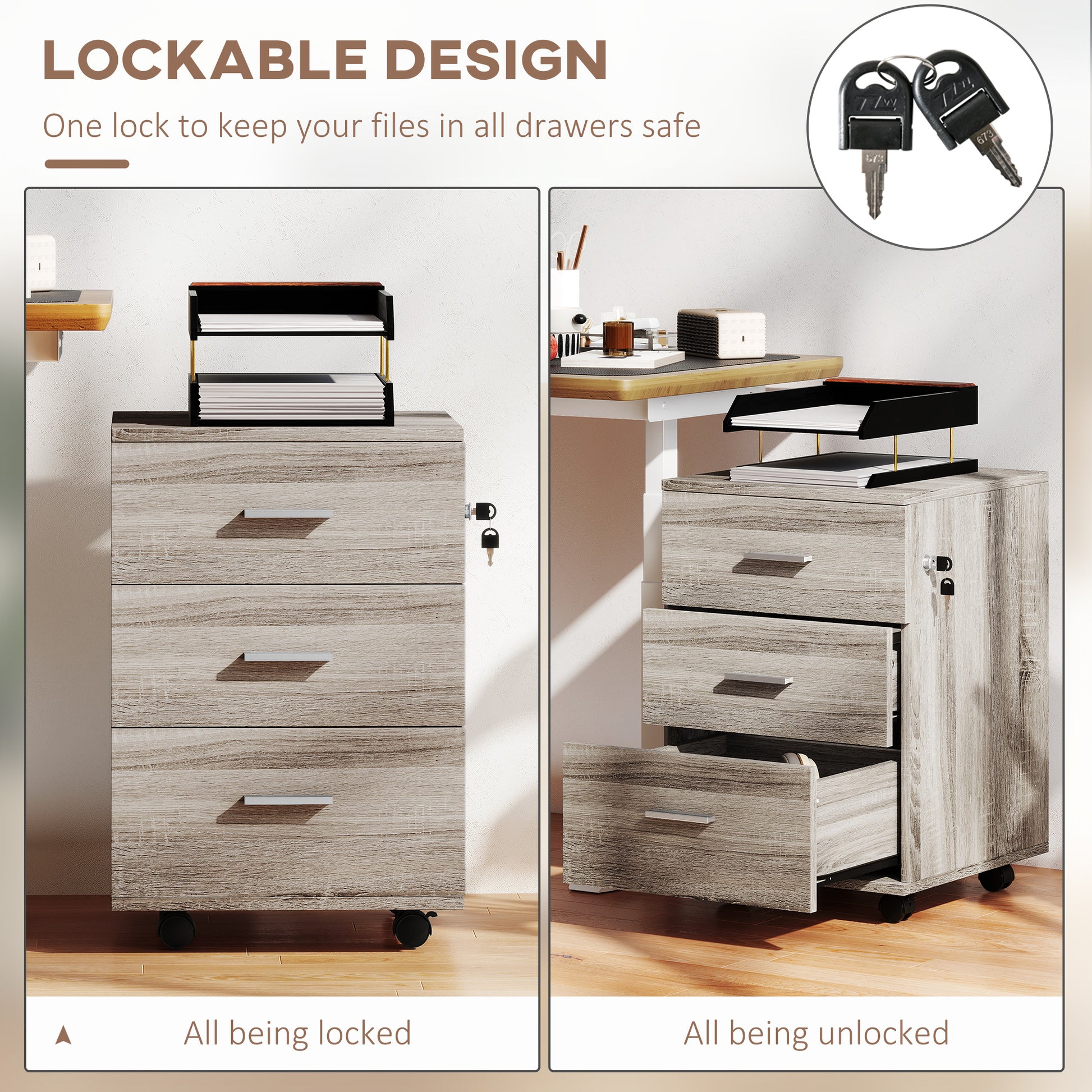 Mobile Filing Cabinet with Wheels, 3 Drawer File Cabinet with Lock and Keys for Home Office, Grey Wood Grain-Office Products > Office Furniture > Office Cabinets & Cupboards-DECOROLALA