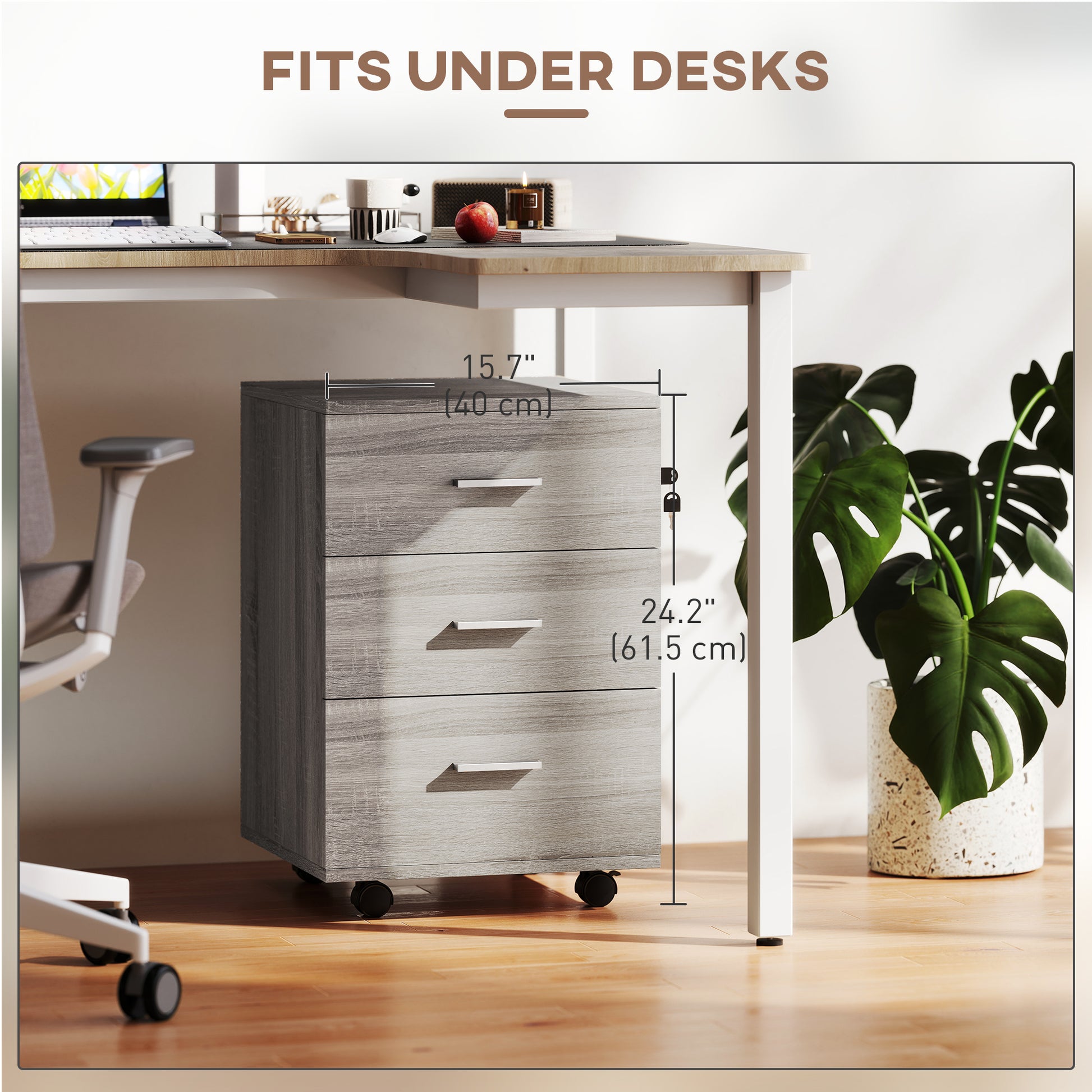 Mobile Filing Cabinet with Wheels, 3 Drawer File Cabinet with Lock and Keys for Home Office, Grey Wood Grain-Office Products > Office Furniture > Office Cabinets & Cupboards-DECOROLALA