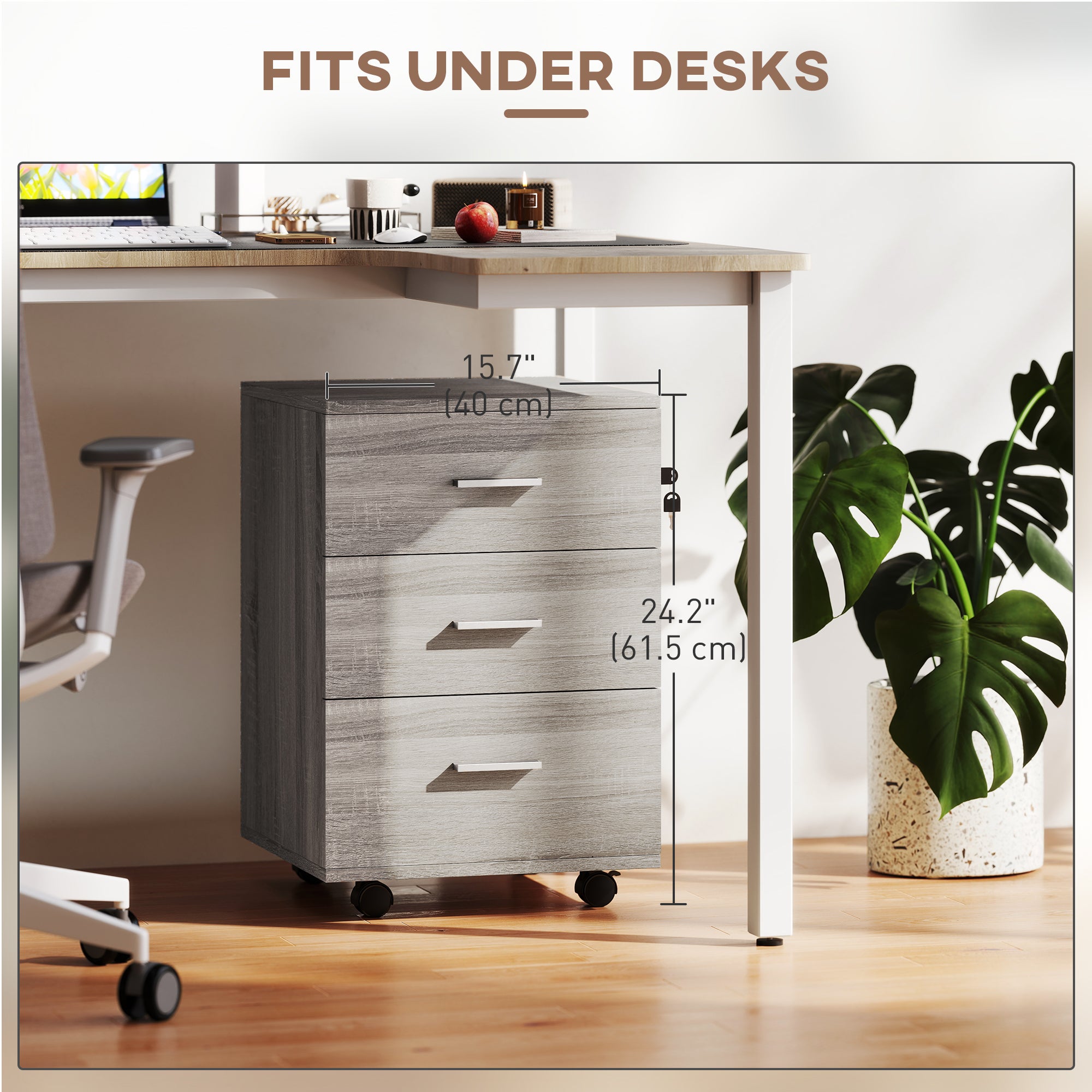 Mobile Filing Cabinet with Wheels, 3 Drawer File Cabinet with Lock and Keys for Home Office, Grey Wood Grain-Office Products > Office Furniture > Office Cabinets & Cupboards-DECOROLALA