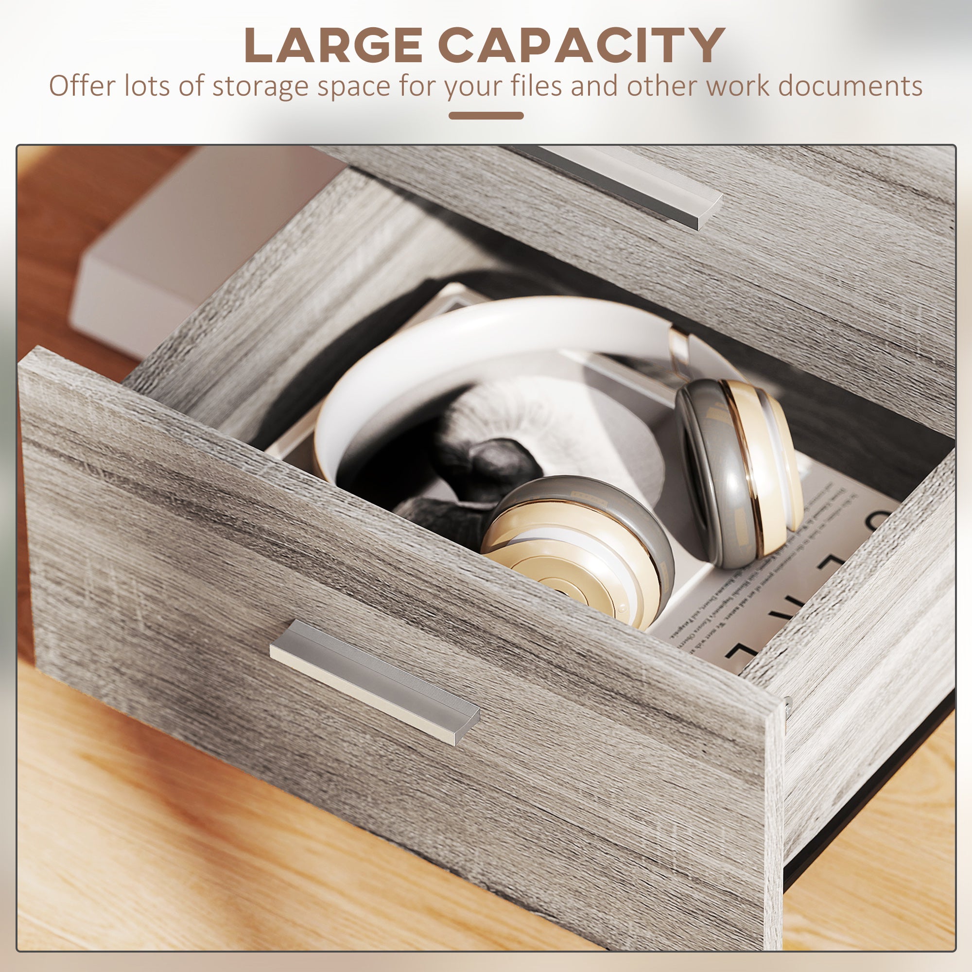 Mobile Filing Cabinet with Wheels, 3 Drawer File Cabinet with Lock and Keys for Home Office, Grey Wood Grain-Office Products > Office Furniture > Office Cabinets & Cupboards-DECOROLALA