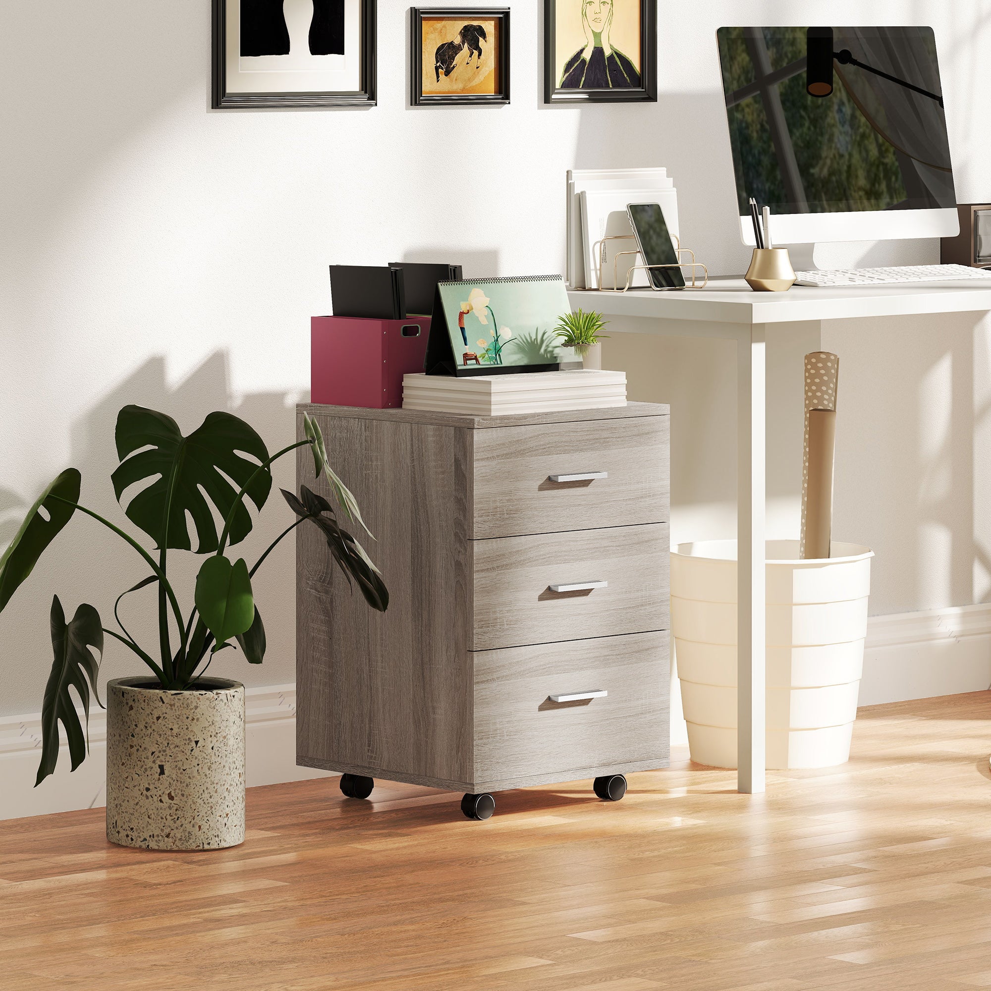 Mobile Filing Cabinet with Wheels, 3 Drawer File Cabinet with Lock and Keys for Home Office, Grey Wood Grain-Office Products > Office Furniture > Office Cabinets & Cupboards-DECOROLALA