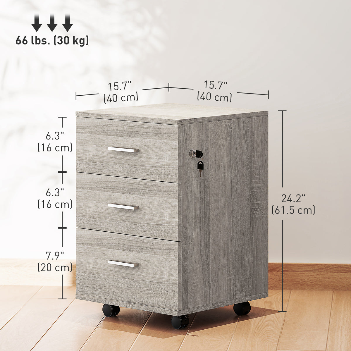 Mobile Filing Cabinet with Wheels, 3 Drawer File Cabinet with Lock and Keys for Home Office, Grey Wood Grain-Office Storage Cabinets-DECOROLALA