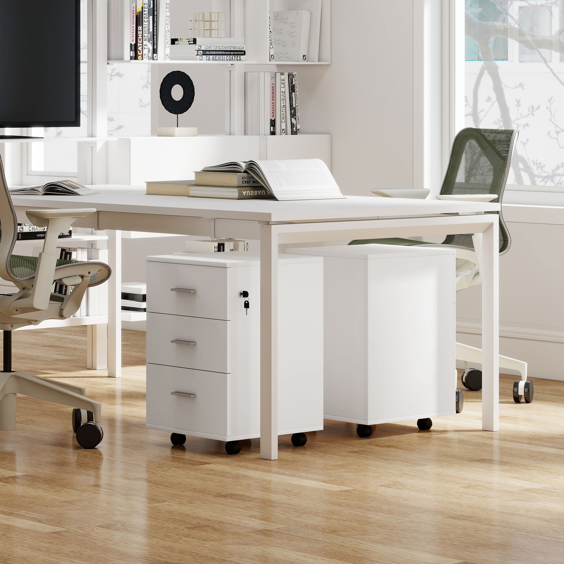 Mobile Filing Cabinet with Wheels, 3 Drawer File Cabinet with Lock and Keys for Home Office, White-Office Products > Office Furniture > Office Cabinets & Cupboards-DECOROLALA