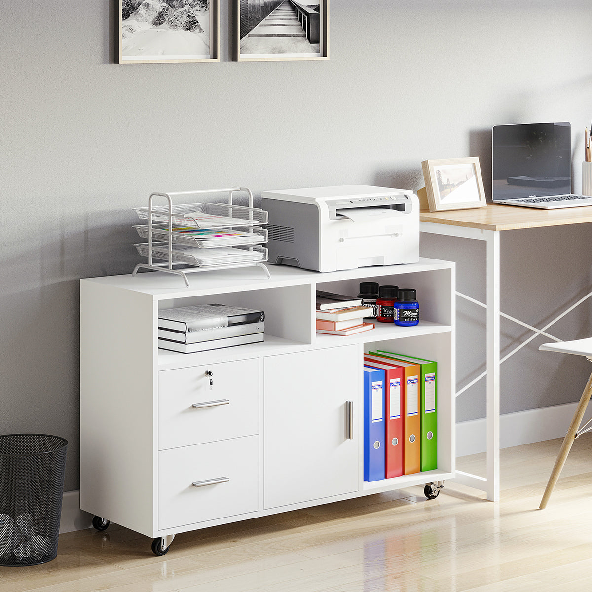Mobile Lateral Filing Cabinet & Printer Stand - White-Office Products > Office Furniture > Office Cabinets & Cupboards-DECOROLALA