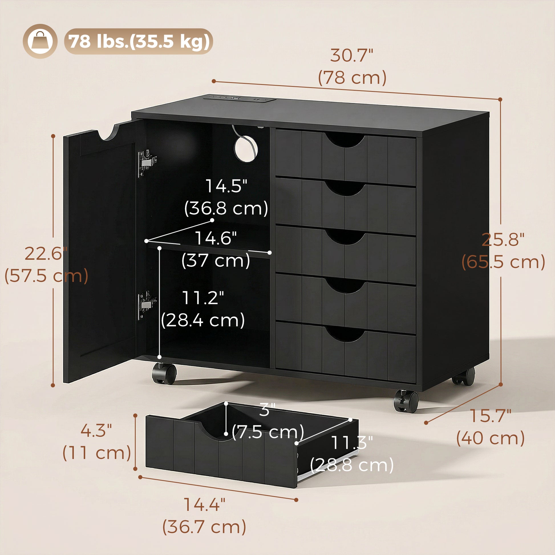Mobile Lateral Filing Cabinet with 5 Drawers, Printer Stand with Power Outlets and USB Ports for Home Office, Black-Office Products > Office Furniture > Office Cabinets & Cupboards-DECOROLALA
