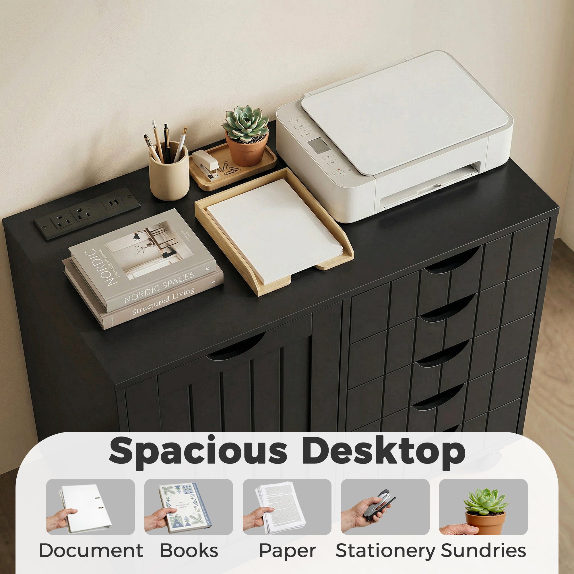 Mobile Lateral Filing Cabinet with 5 Drawers, Printer Stand with Power Outlets and USB Ports for Home Office, Black-Office Products > Office Furniture > Office Cabinets & Cupboards-DECOROLALA