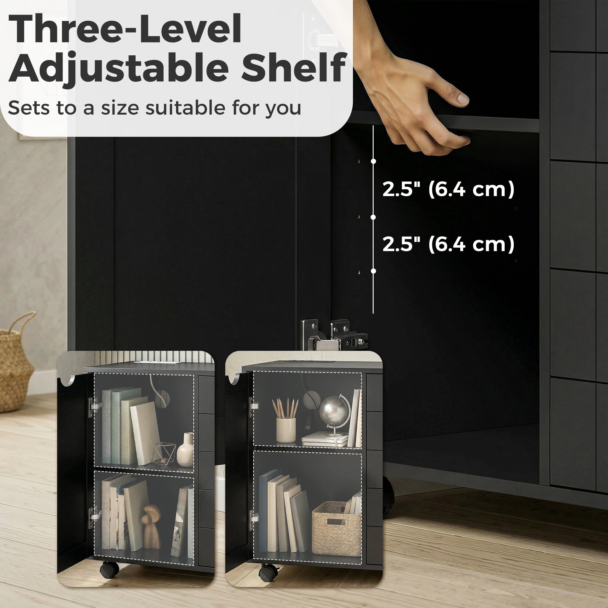 Mobile Lateral Filing Cabinet with 5 Drawers, Printer Stand with Power Outlets and USB Ports for Home Office, Black-Office Products > Office Furniture > Office Cabinets & Cupboards-DECOROLALA