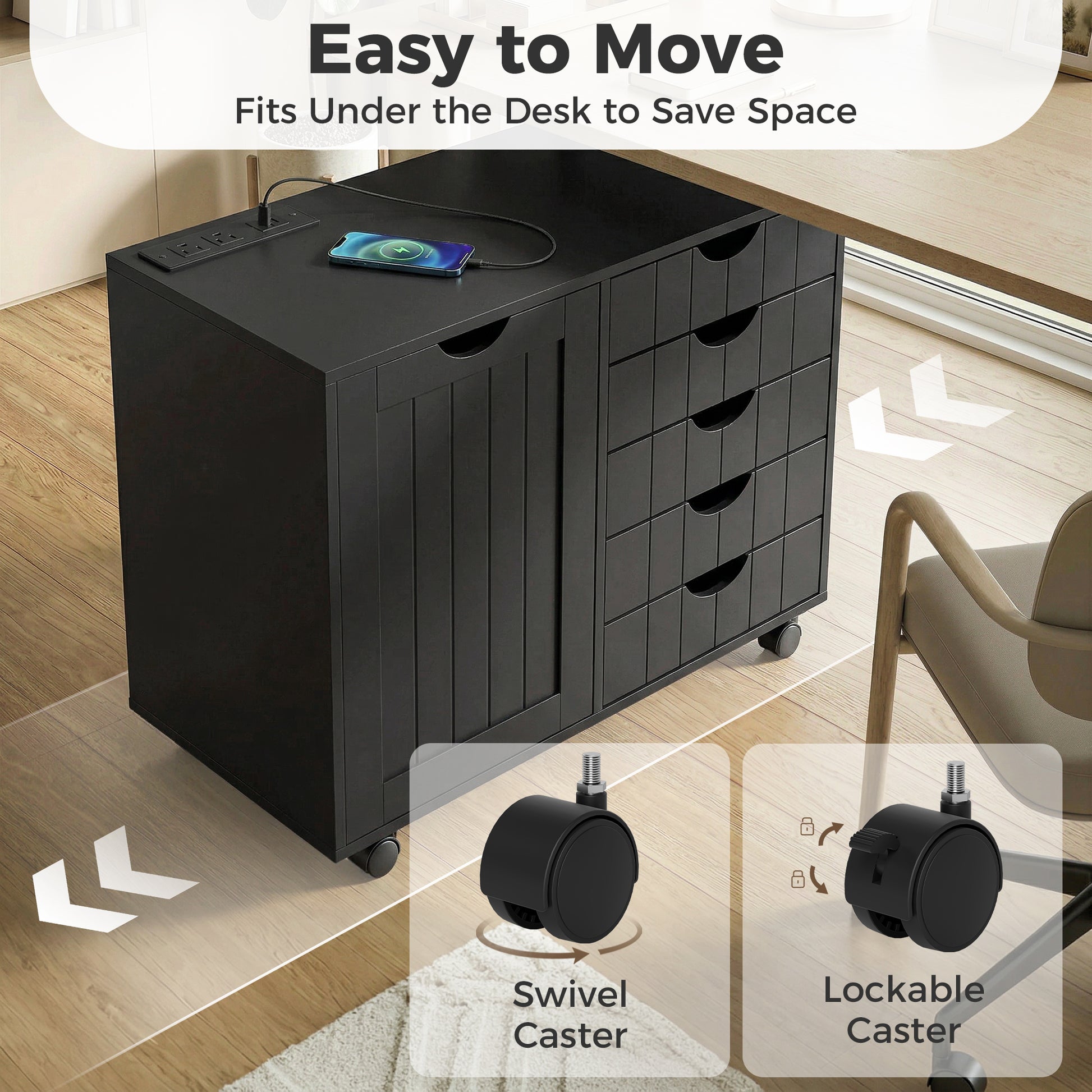 Mobile Lateral Filing Cabinet with 5 Drawers, Printer Stand with Power Outlets and USB Ports for Home Office, Black-Office Products > Office Furniture > Office Cabinets & Cupboards-DECOROLALA