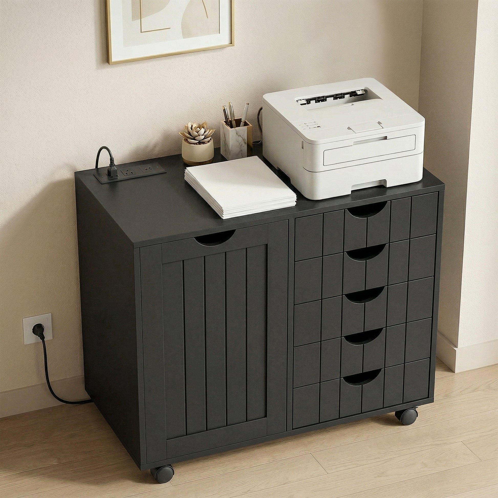 Mobile Lateral Filing Cabinet with 5 Drawers, Printer Stand with Power Outlets and USB Ports for Home Office, Black-Office Products > Office Furniture > Office Cabinets & Cupboards-DECOROLALA