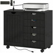 Mobile Lateral Filing Cabinet with 5 Drawers, Printer Stand with Power Outlets and USB Ports for Home Office, Black-Office Products > Office Furniture > Office Cabinets & Cupboards-DECOROLALA