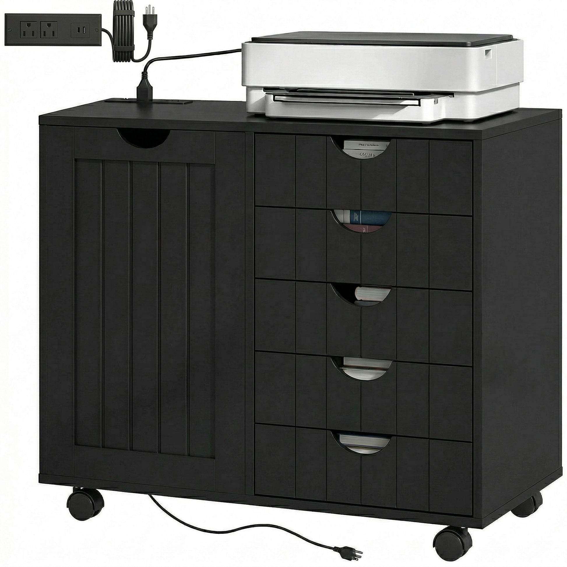Mobile Lateral Filing Cabinet with 5 Drawers, Printer Stand with Power Outlets and USB Ports for Home Office, Black-Office Products > Office Furniture > Office Cabinets & Cupboards-DECOROLALA