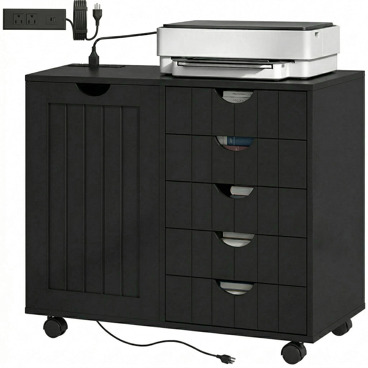 Mobile Lateral Filing Cabinet with 5 Drawers, Printer Stand with Power Outlets and USB Ports for Home Office, Black-Office Storage Cabinets-DECOROLALA