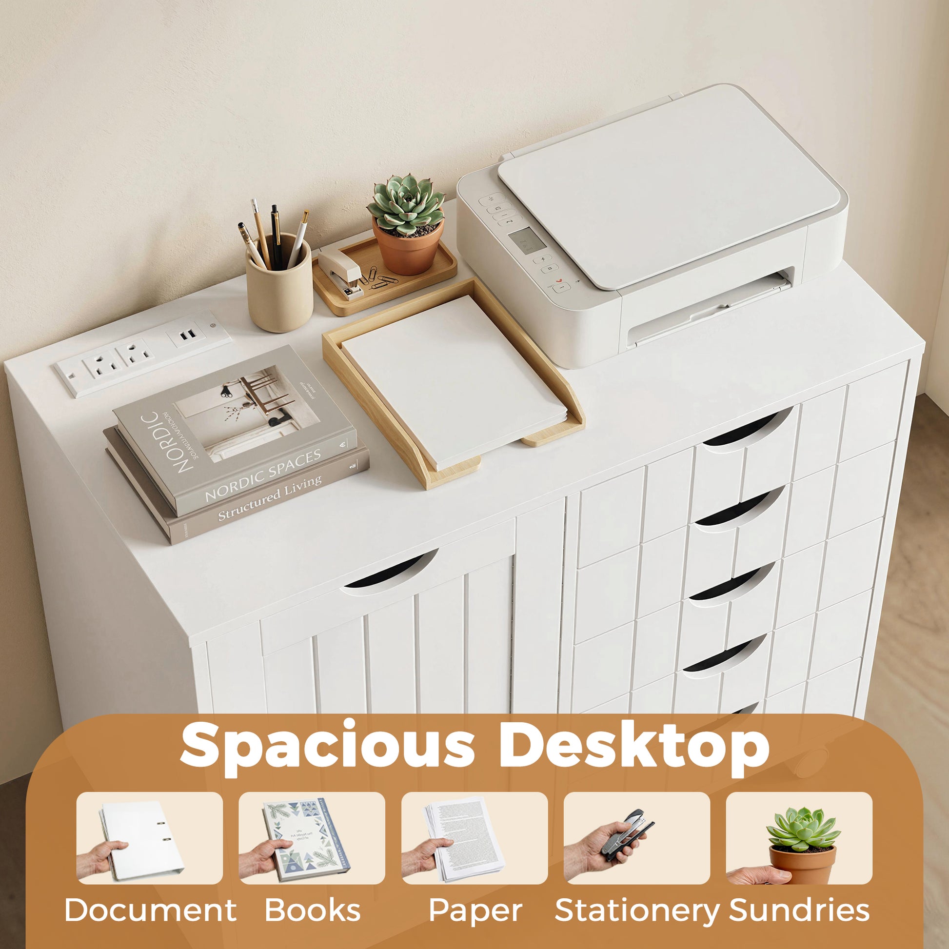Mobile Lateral Filing Cabinet with 5 Drawers, Printer Stand with Power Outlets and USB Ports for Home Office, White-Office Products > Office Furniture > Office Cabinets & Cupboards-DECOROLALA