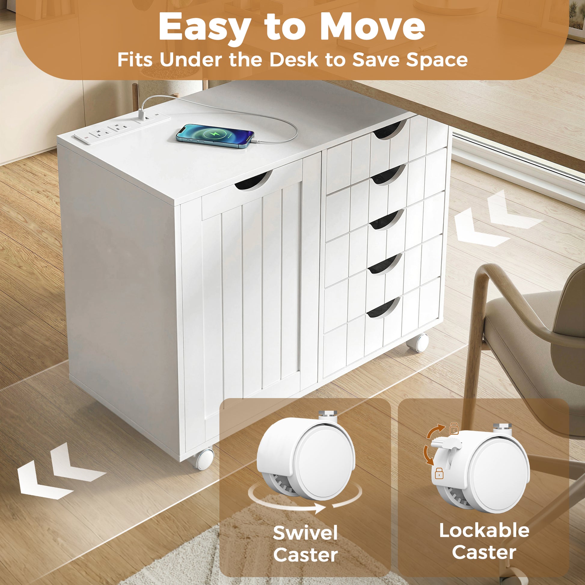 Mobile Lateral Filing Cabinet with 5 Drawers, Printer Stand with Power Outlets and USB Ports for Home Office, White-Office Products > Office Furniture > Office Cabinets & Cupboards-DECOROLALA