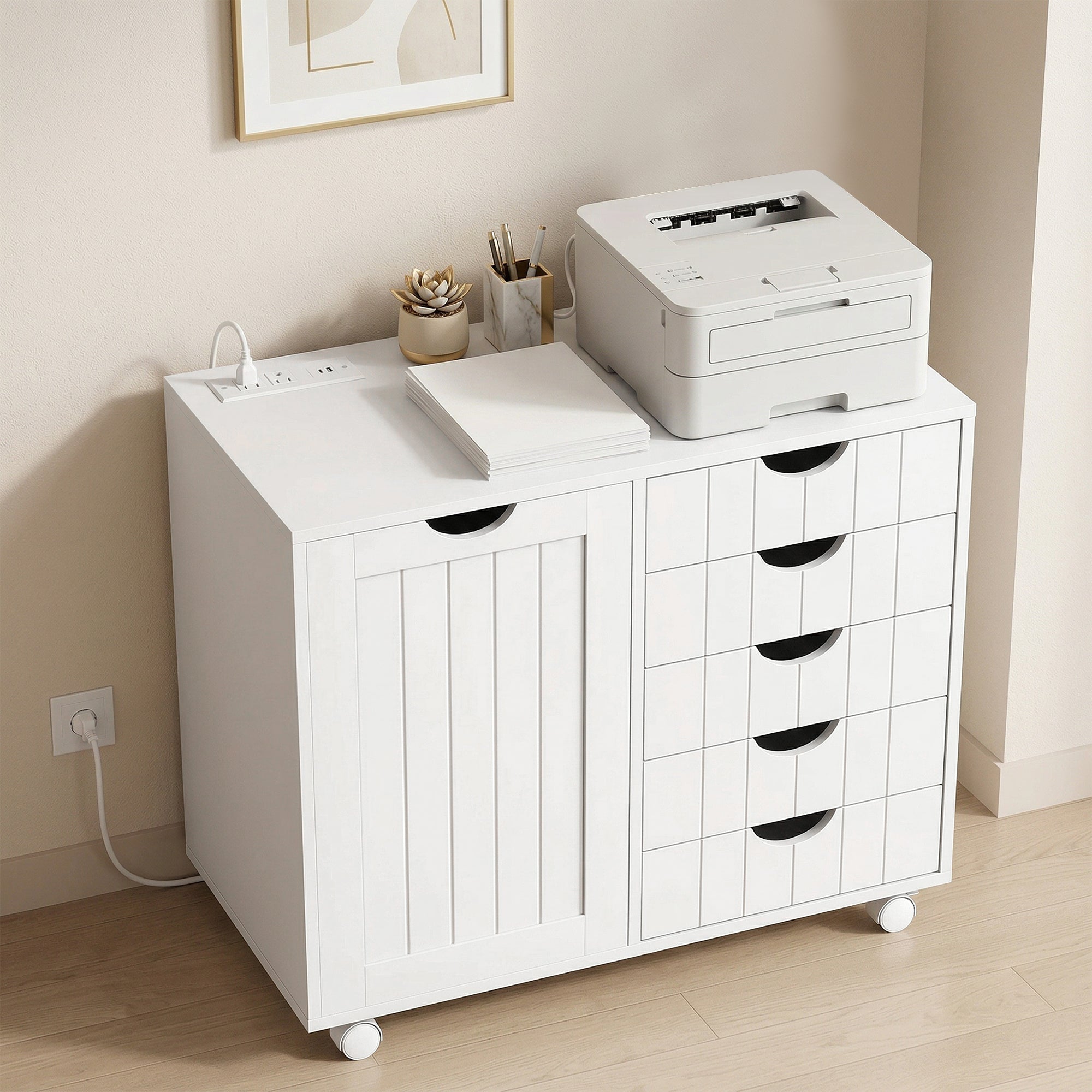 Mobile Lateral Filing Cabinet with 5 Drawers, Printer Stand with Power Outlets and USB Ports for Home Office, White-Office Products > Office Furniture > Office Cabinets & Cupboards-DECOROLALA