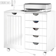 Mobile Lateral Filing Cabinet with 5 Drawers, Printer Stand with Power Outlets and USB Ports for Home Office, White-Office Products > Office Furniture > Office Cabinets & Cupboards-DECOROLALA