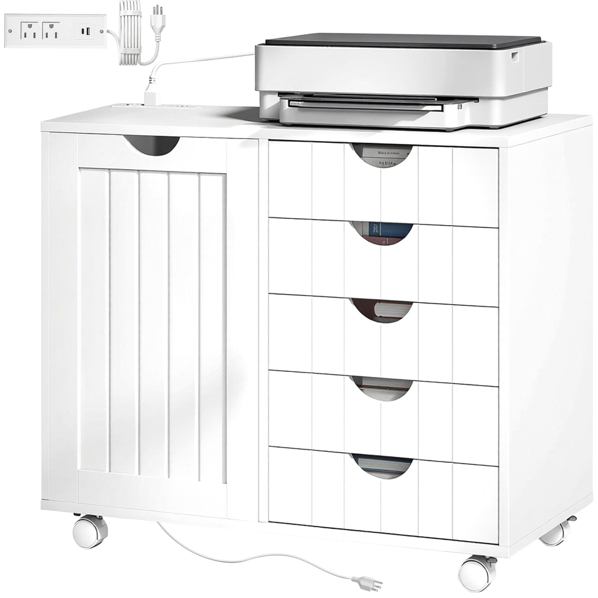 Mobile Lateral Filing Cabinet with 5 Drawers, Printer Stand with Power Outlets and USB Ports for Home Office, White-Office Storage Cabinets-DECOROLALA