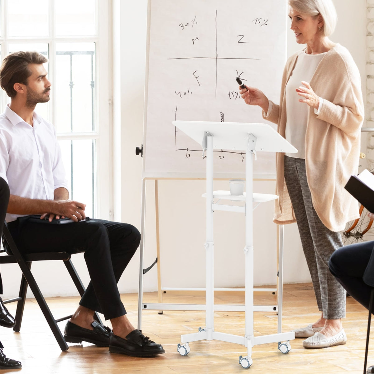 Mobile Lectern Podium Height-adjustable Rolling Laptop Cart with Tilting Top Storage Tray-White-Laptop Tables & Printer Stands-DECOROLALA
