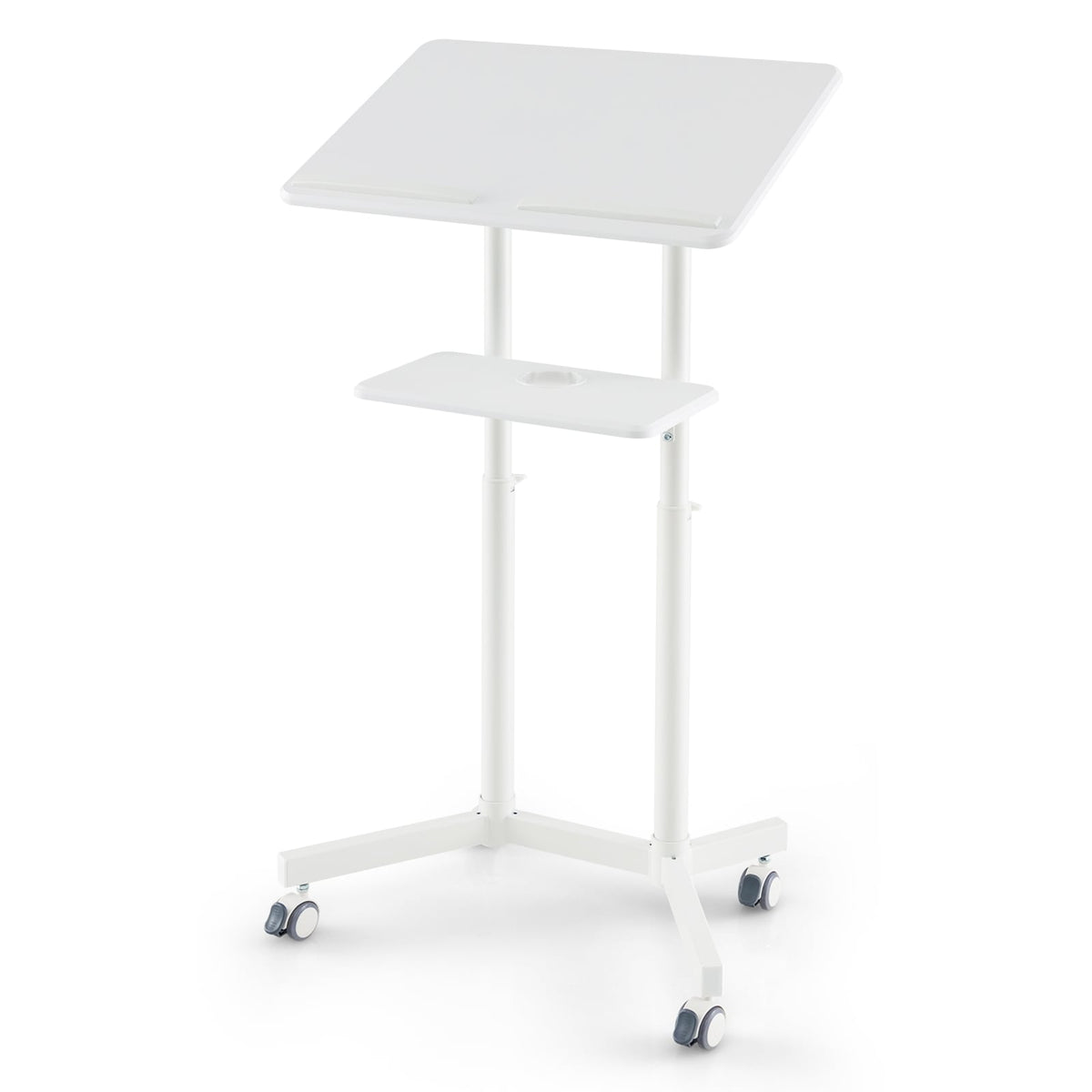 Mobile Lectern Podium Height-adjustable Rolling Laptop Cart with Tilting Top Storage Tray-White-Laptop Tables & Printer Stands-DECOROLALA