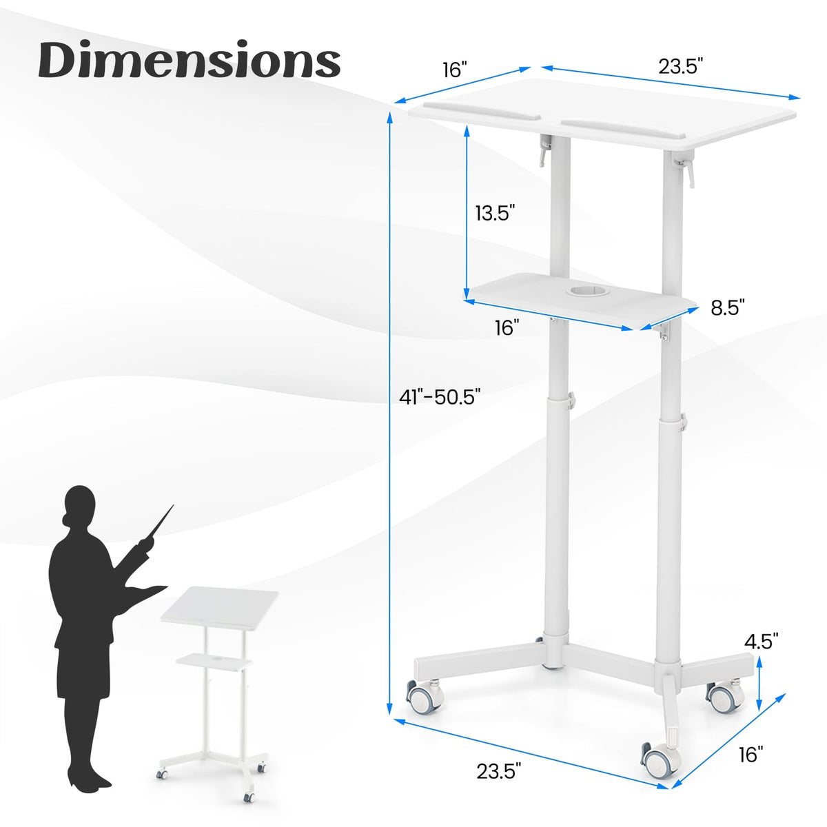Mobile Lectern Podium Height-adjustable Rolling Laptop Cart with Tilting Top Storage Tray-White-Laptop Tables & Printer Stands-DECOROLALA