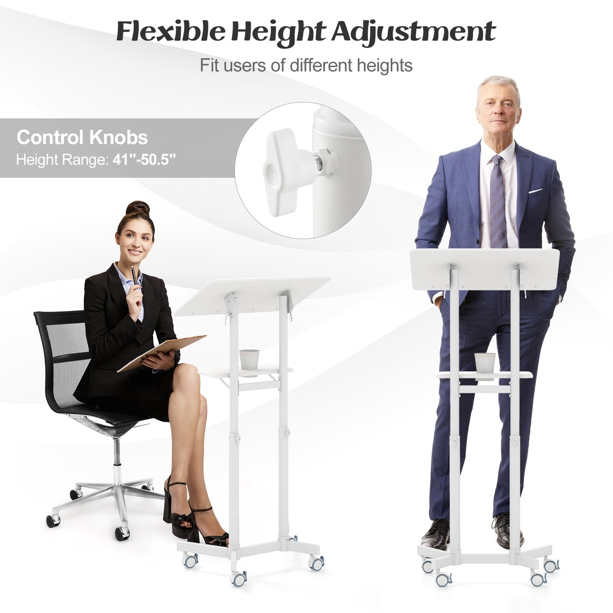 Mobile Lectern Podium Height-adjustable Rolling Laptop Cart with Tilting Top Storage Tray-White-Laptop Tables & Printer Stands-DECOROLALA