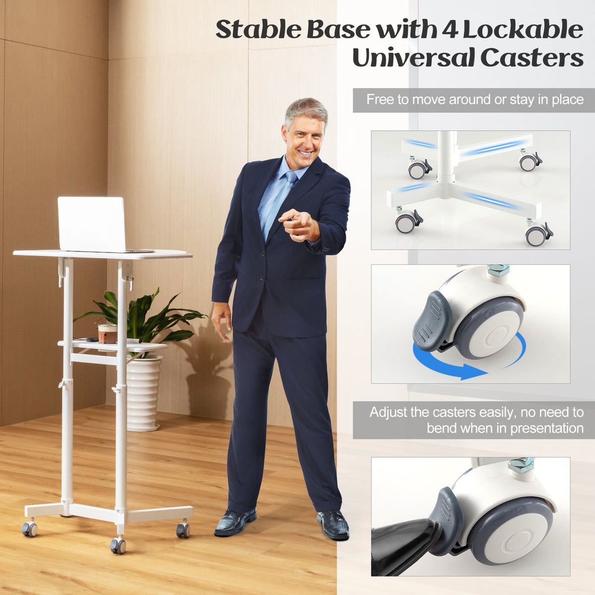 Mobile Lectern Podium Height-adjustable Rolling Laptop Cart with Tilting Top Storage Tray-White-Laptop Tables & Printer Stands-DECOROLALA
