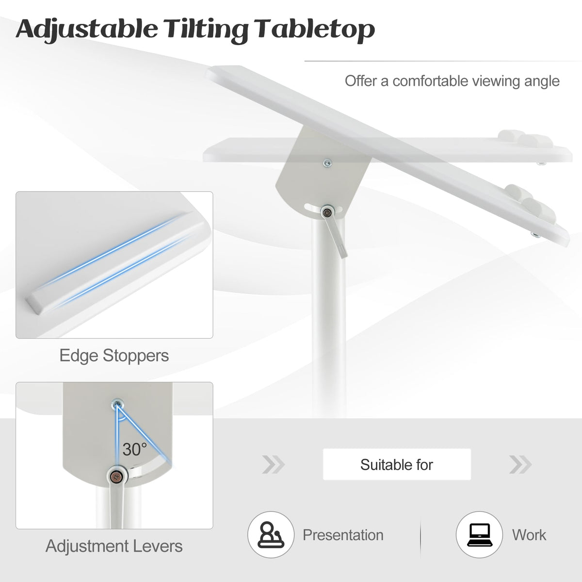 Mobile Lectern Podium Height-adjustable Rolling Laptop Cart with Tilting Top Storage Tray-White-Laptop Tables & Printer Stands-DECOROLALA