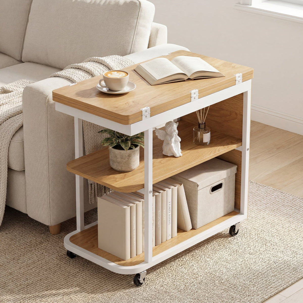 Mobile Night Stand with Foldable Swivel Top and 2-Tier Shelf for Small Spaces-Natural-End & Side Tables-DECOROLALA