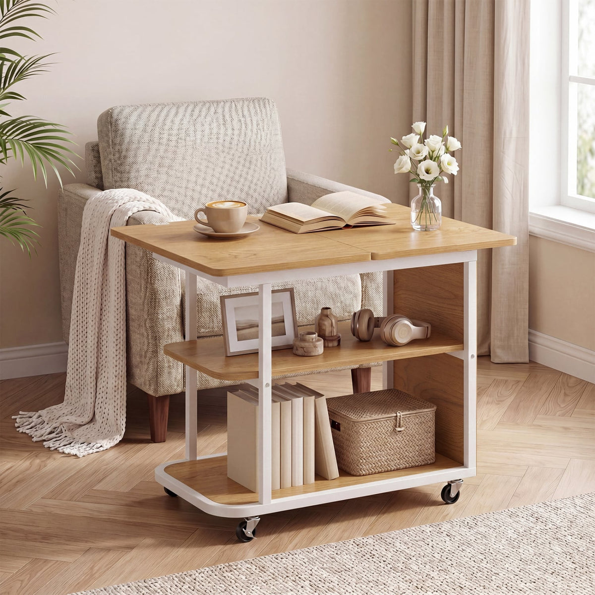 Mobile Night Stand with Foldable Swivel Top and 2-Tier Shelf for Small Spaces-Natural-End & Side Tables-DECOROLALA