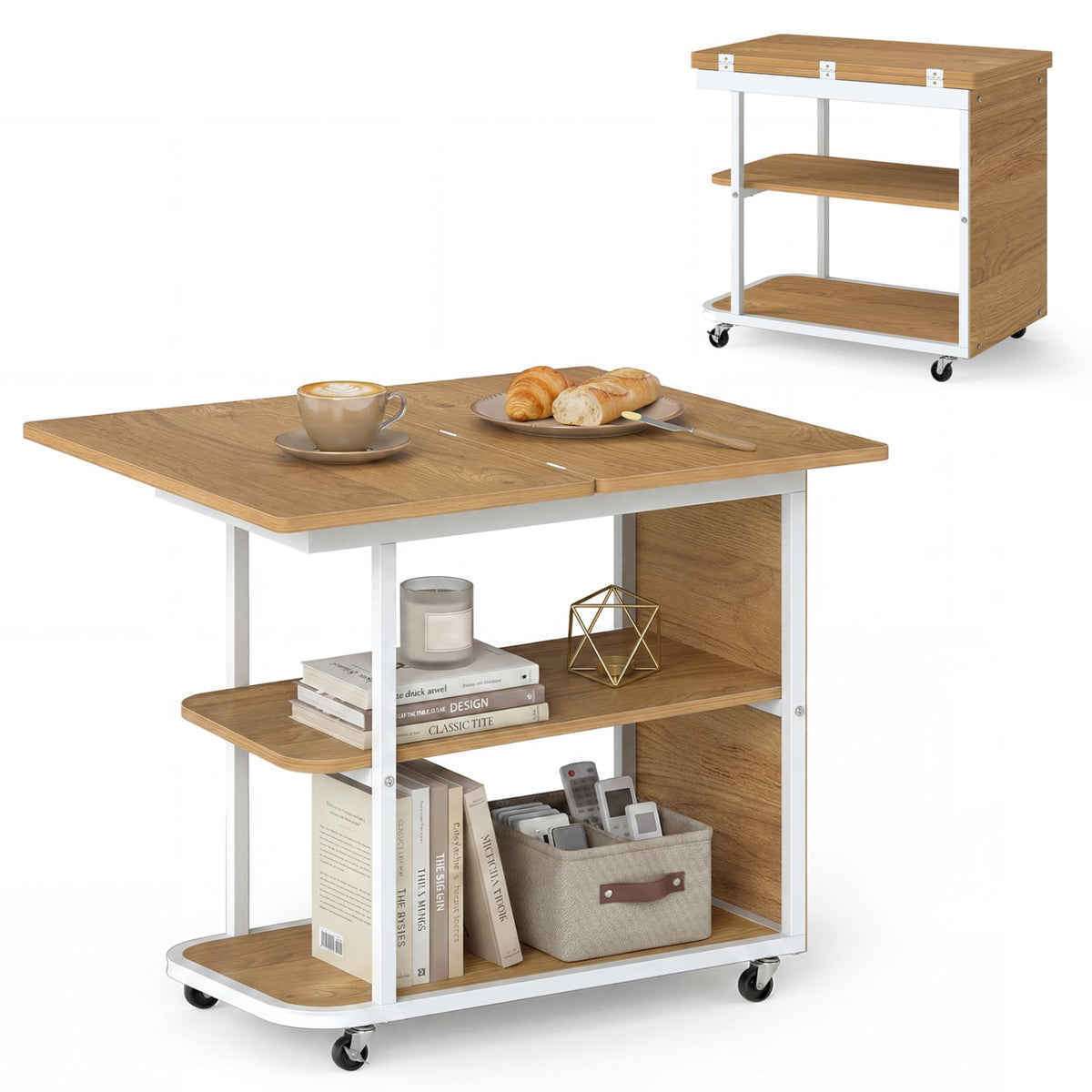 Mobile Night Stand with Foldable Swivel Top and 2-Tier Shelf for Small Spaces-Natural-End & Side Tables-DECOROLALA