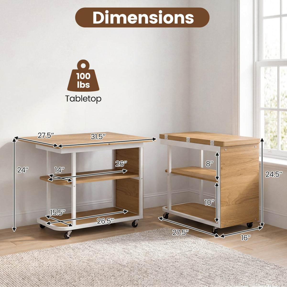 Mobile Night Stand with Foldable Swivel Top and 2-Tier Shelf for Small Spaces-Natural-End & Side Tables-DECOROLALA
