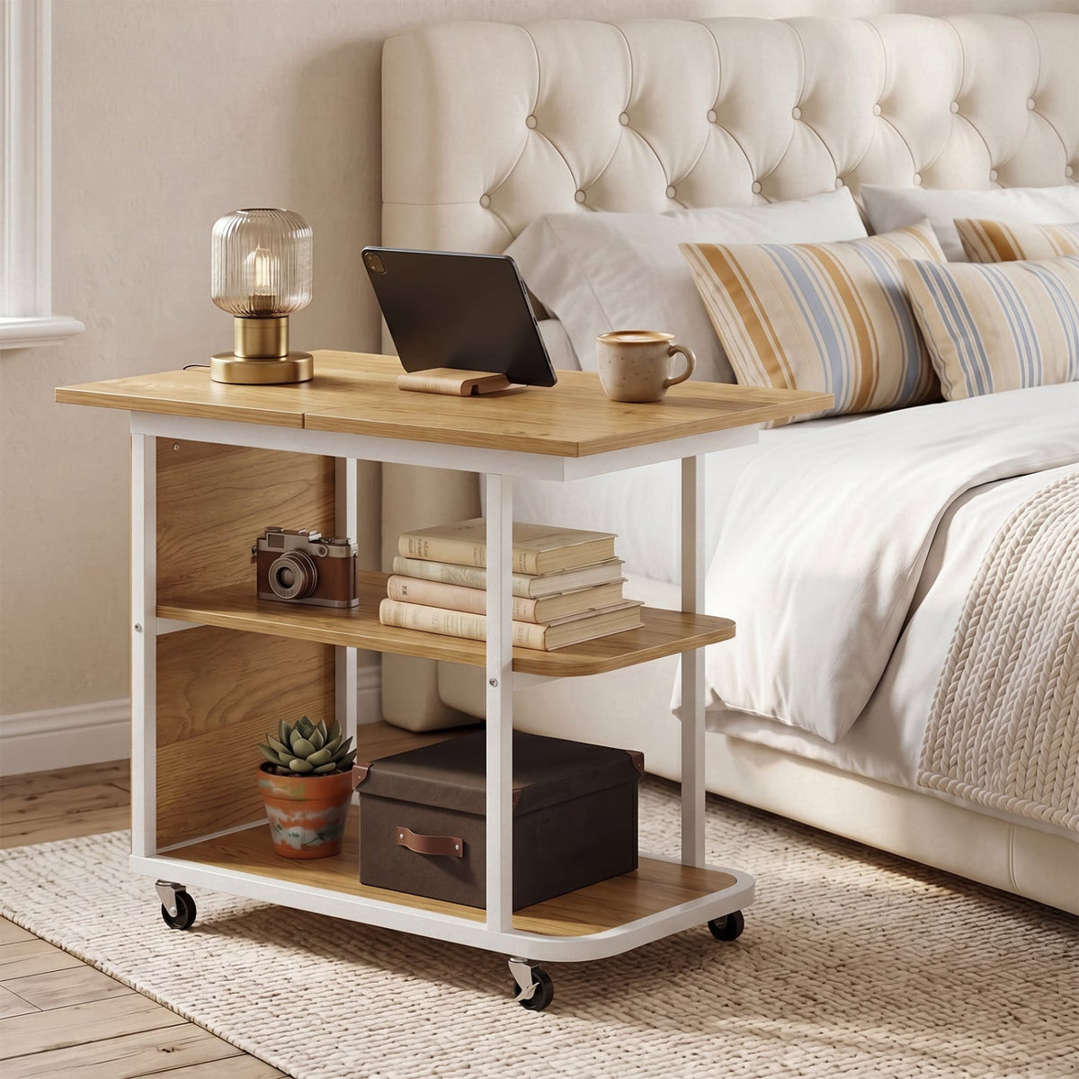 Mobile Night Stand with Foldable Swivel Top and 2-Tier Shelf for Small Spaces-Natural-End & Side Tables-DECOROLALA