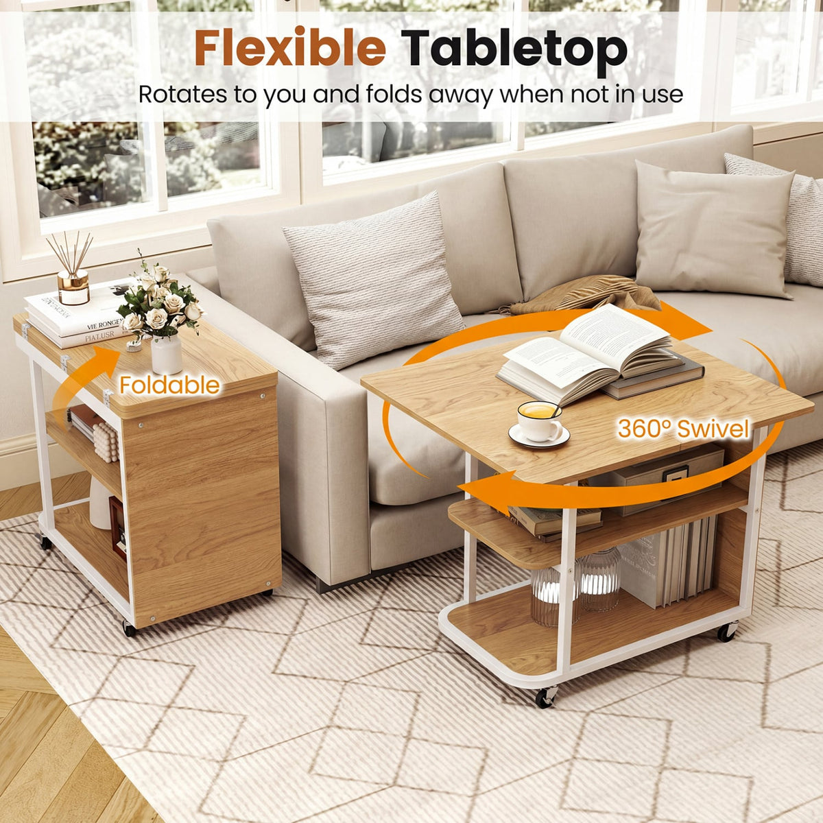 Mobile Night Stand with Foldable Swivel Top and 2-Tier Shelf for Small Spaces-Natural-End & Side Tables-DECOROLALA
