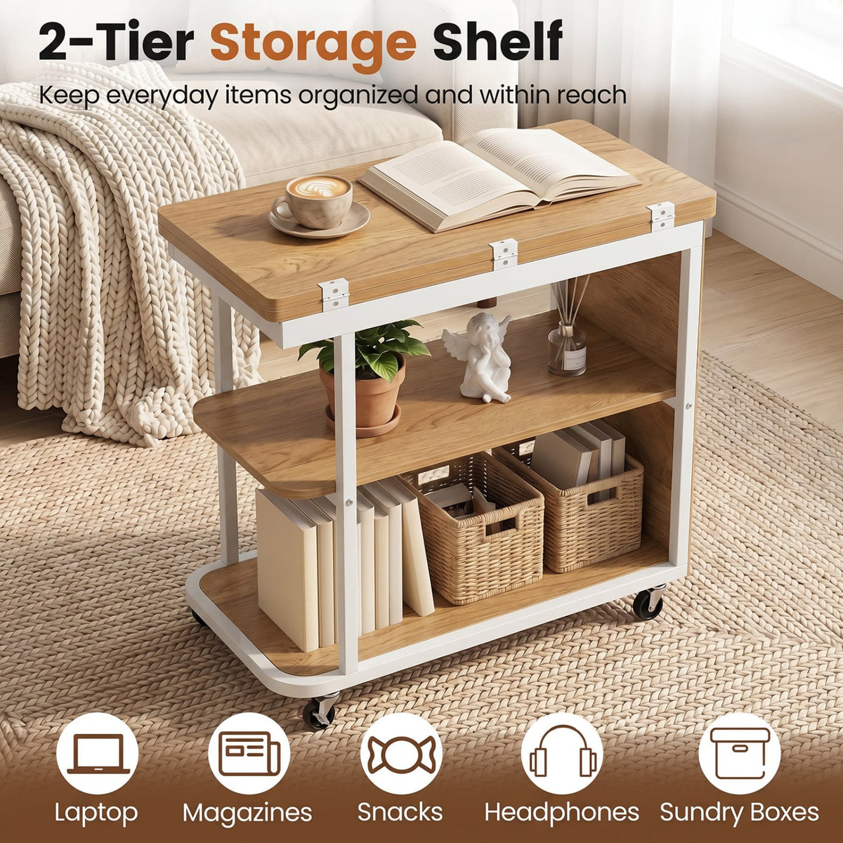 Mobile Night Stand with Foldable Swivel Top and 2-Tier Shelf for Small Spaces-Natural-End & Side Tables-DECOROLALA