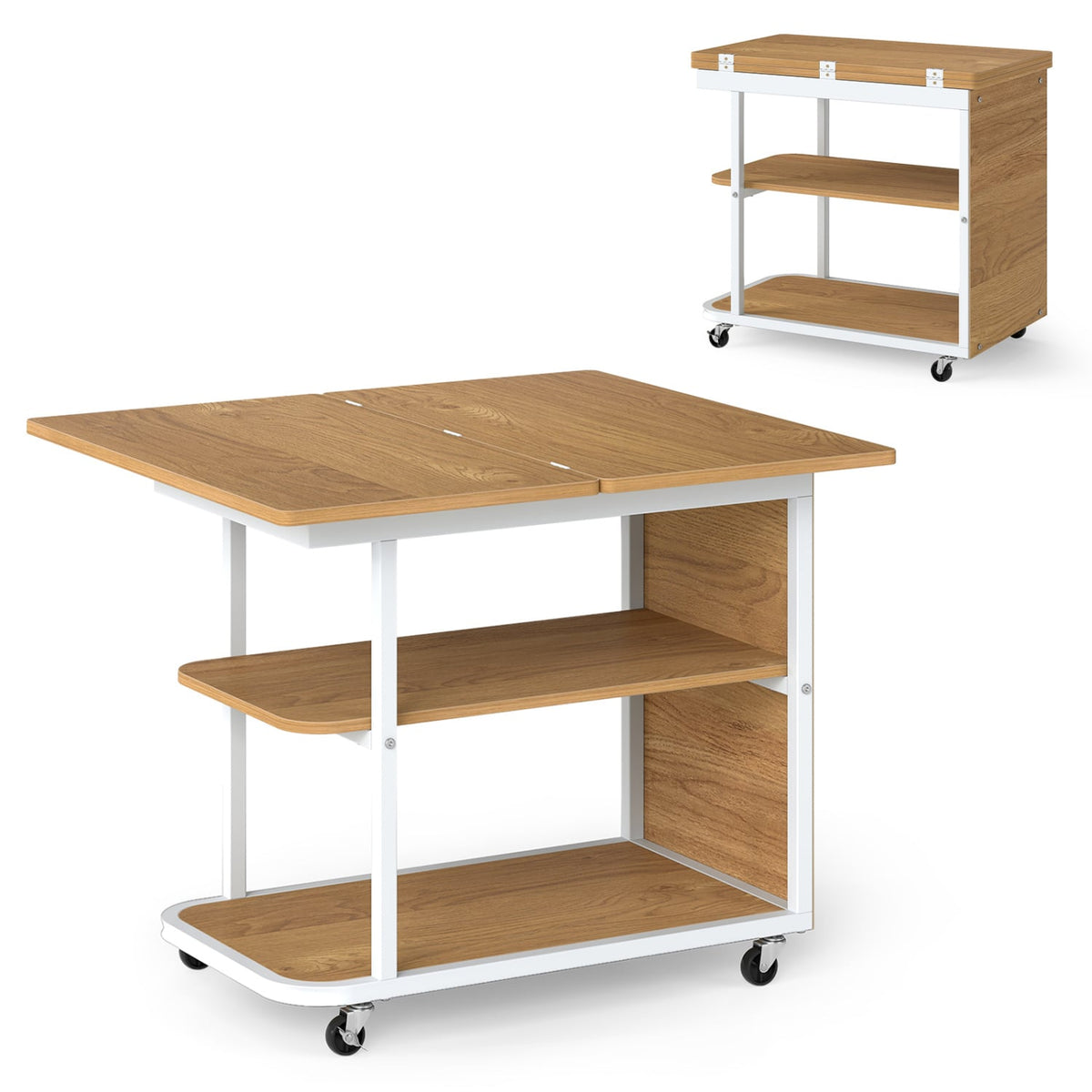 Mobile Night Stand with Foldable Swivel Top and 2-Tier Shelf for Small Spaces-Natural-End & Side Tables-DECOROLALA