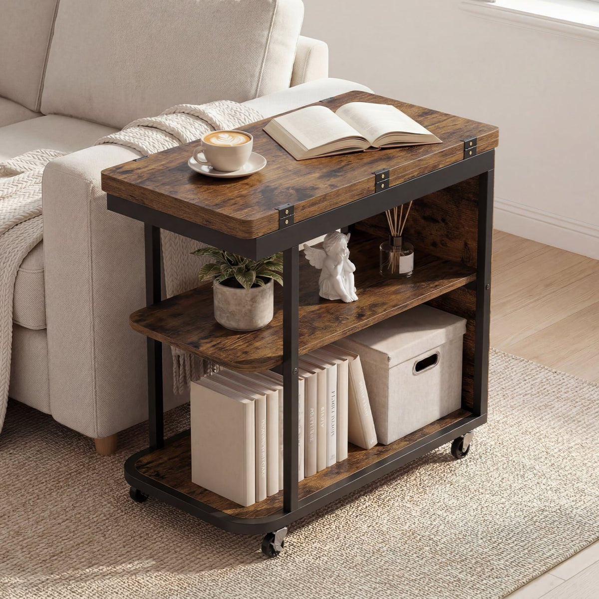 Mobile Night Stand with Foldable Swivel Top and 2-Tier Shelf for Small Spaces-Rustic Brown-End & Side Tables-DECOROLALA