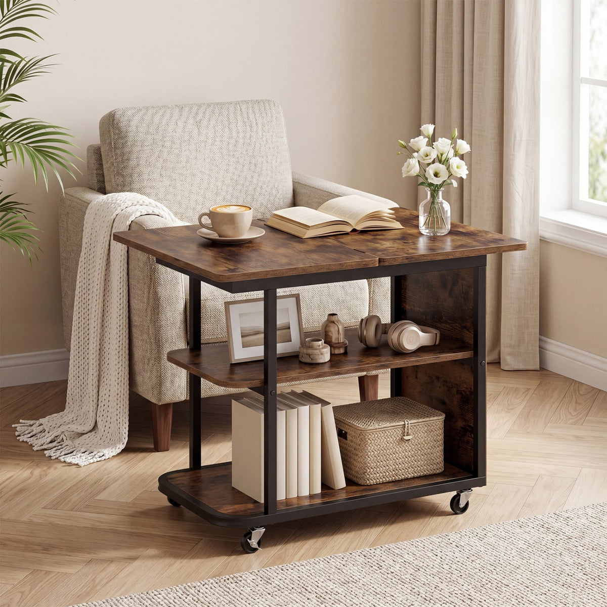 Mobile Night Stand with Foldable Swivel Top and 2-Tier Shelf for Small Spaces-Rustic Brown-End & Side Tables-DECOROLALA