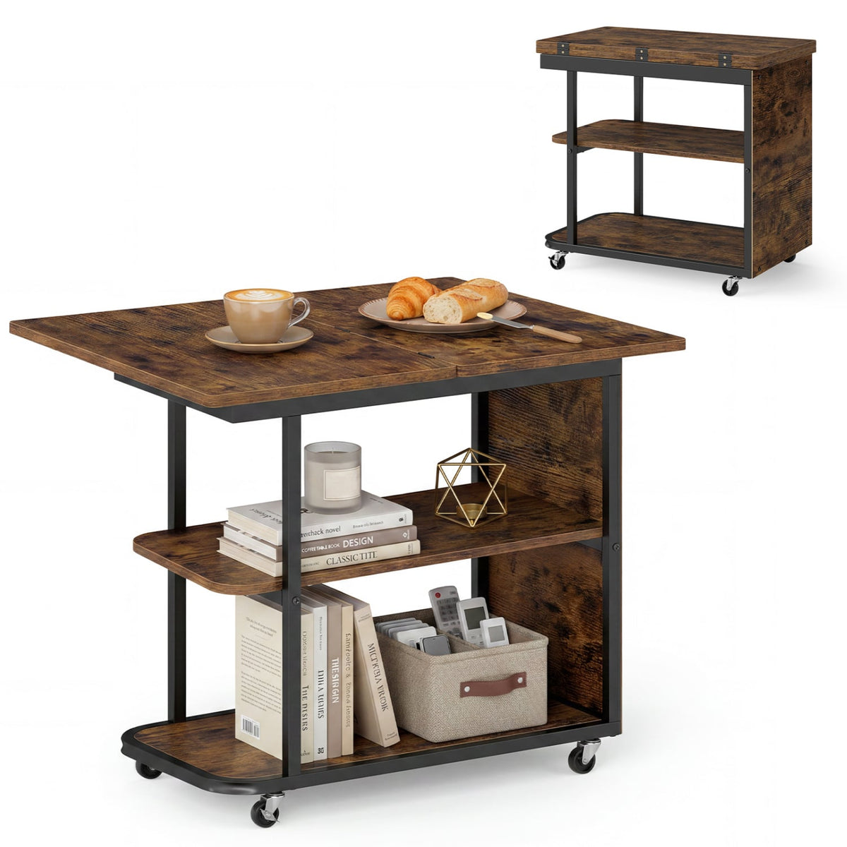 Mobile Night Stand with Foldable Swivel Top and 2-Tier Shelf for Small Spaces-Rustic Brown-End & Side Tables-DECOROLALA