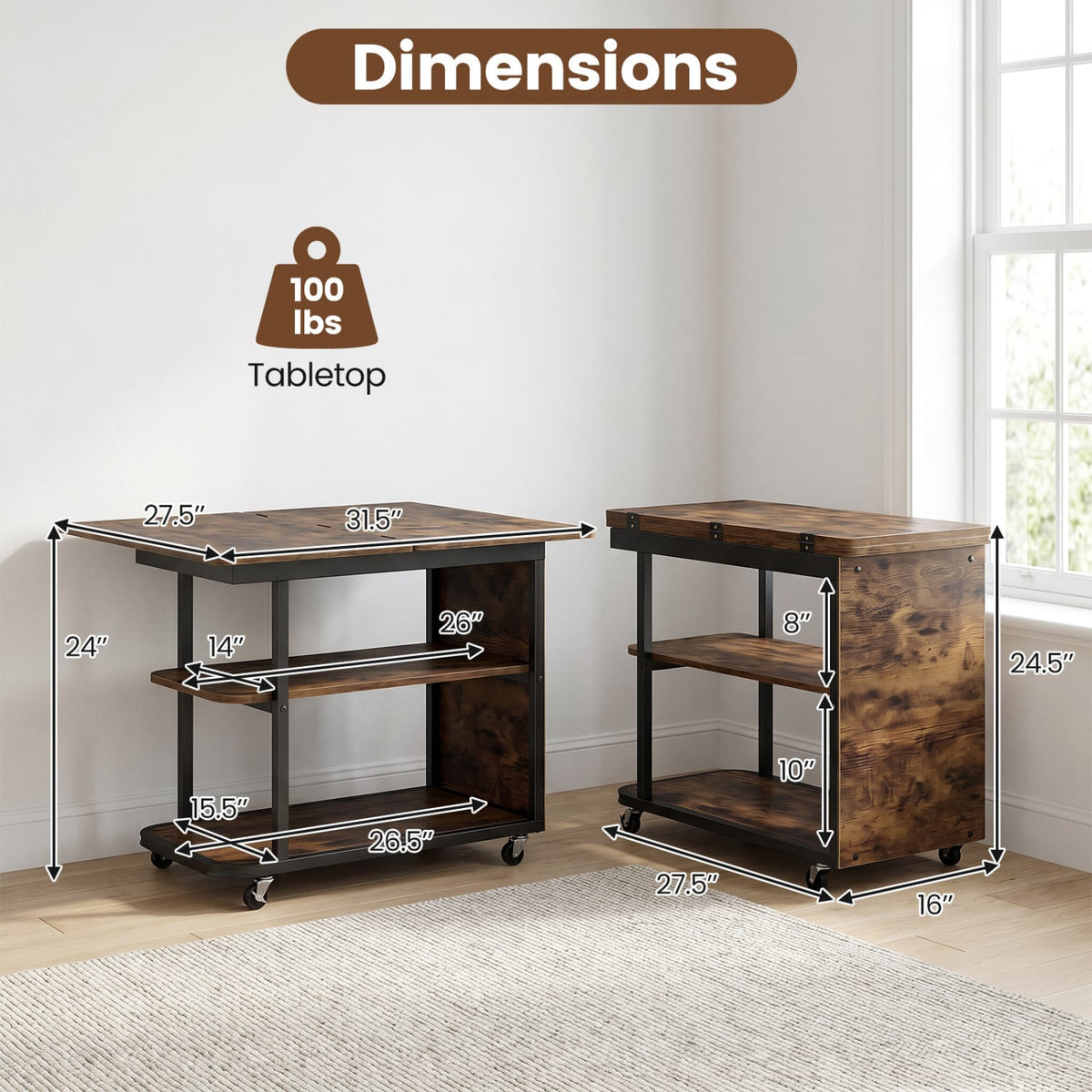 Mobile Night Stand with Foldable Swivel Top and 2-Tier Shelf for Small Spaces-Rustic Brown-End & Side Tables-DECOROLALA