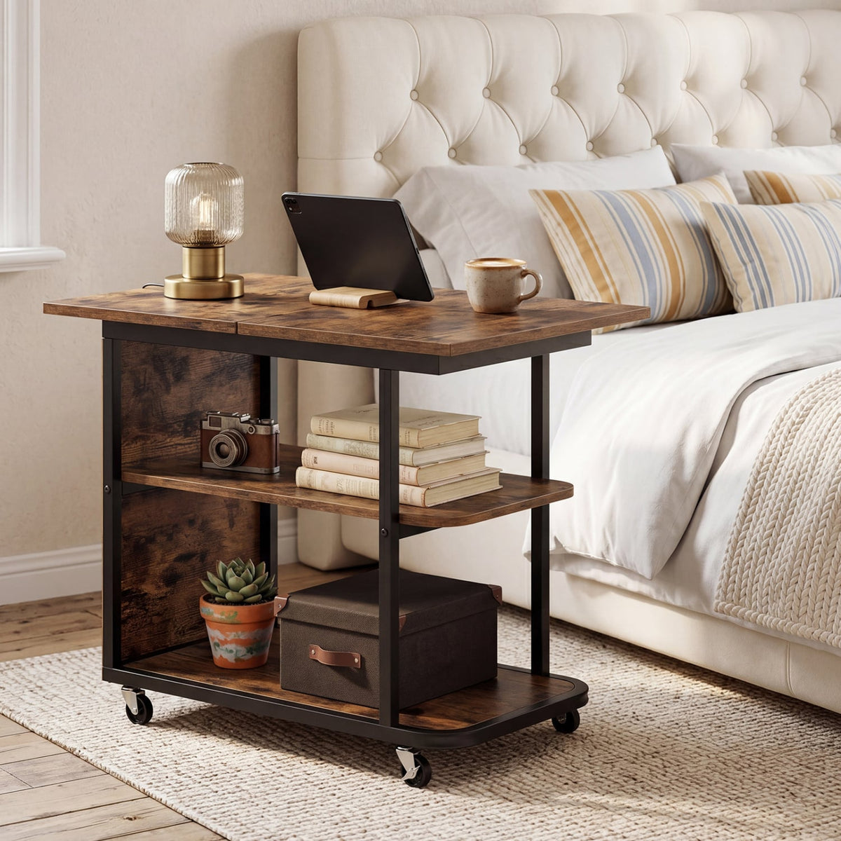 Mobile Night Stand with Foldable Swivel Top and 2-Tier Shelf for Small Spaces-Rustic Brown-End & Side Tables-DECOROLALA