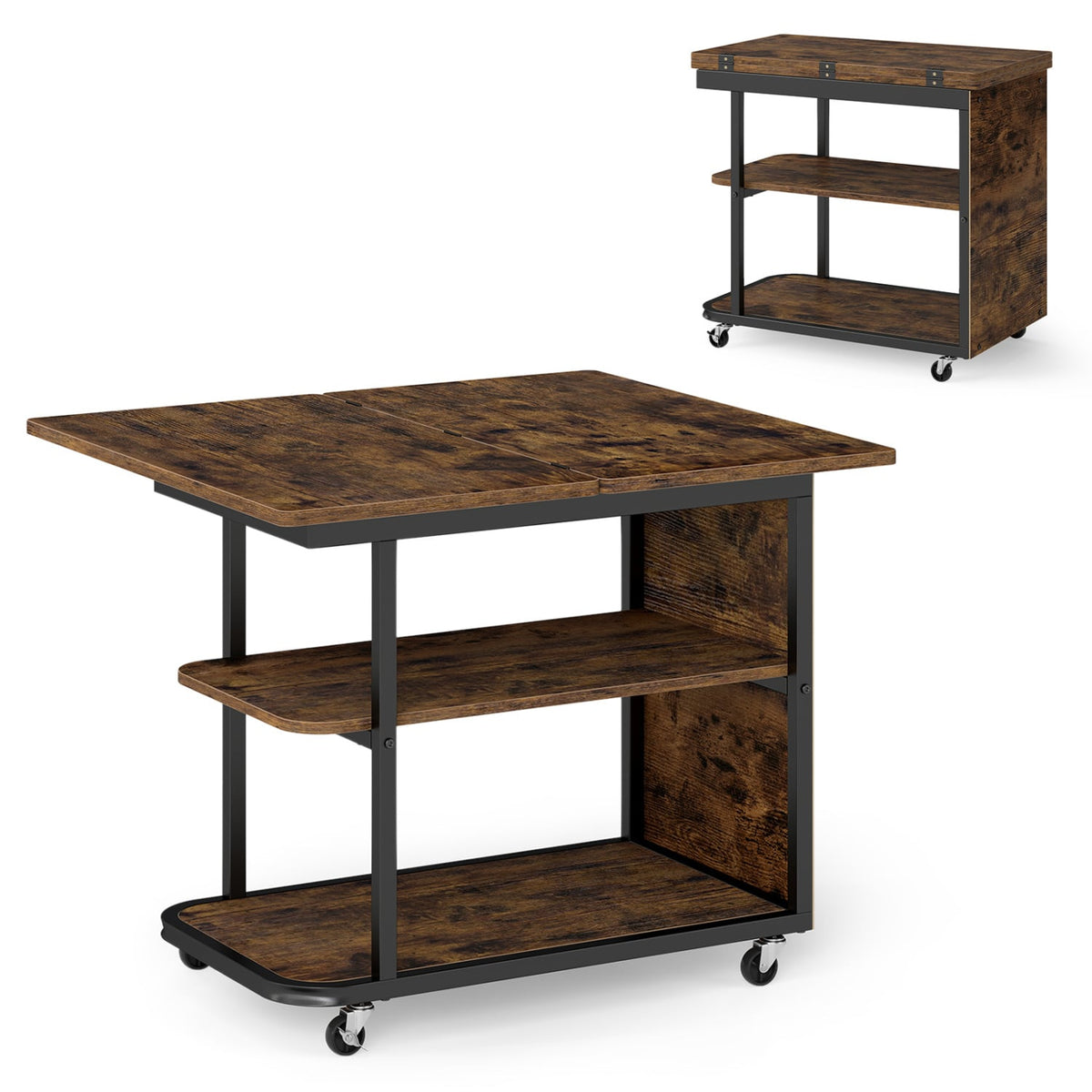 Mobile Night Stand with Foldable Swivel Top and 2-Tier Shelf for Small Spaces-Rustic Brown-End & Side Tables-DECOROLALA