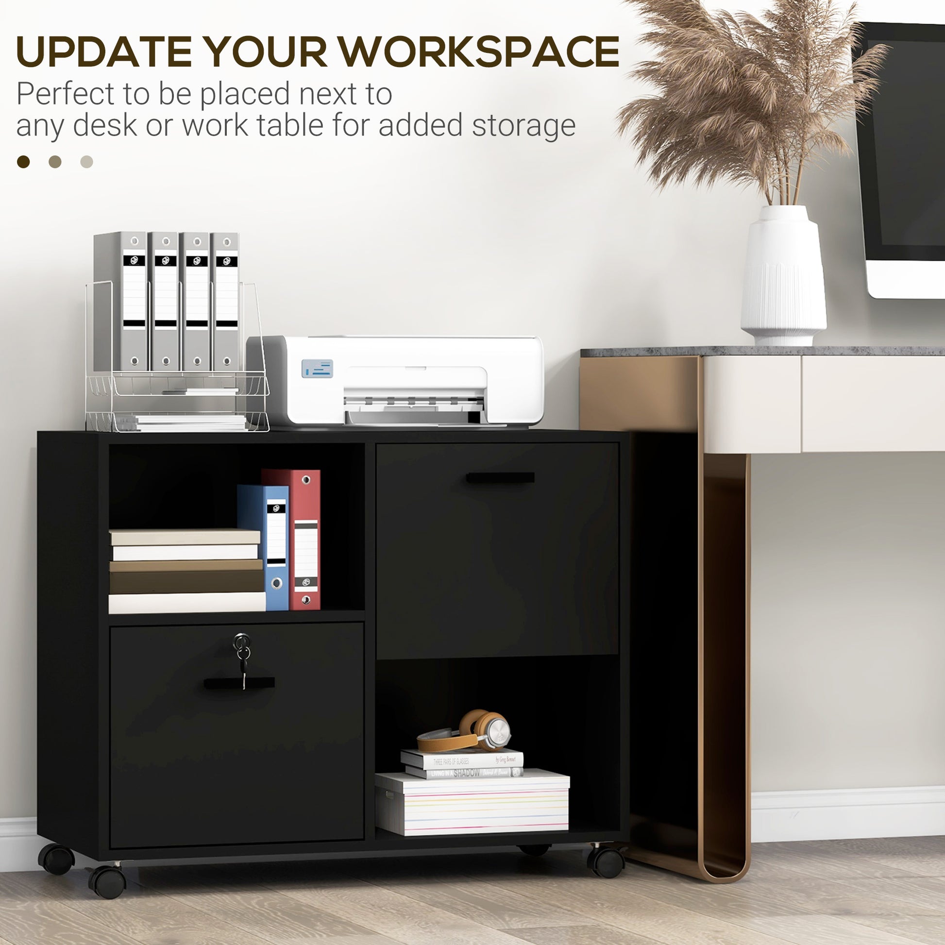 Mobile Printer Stand, Lateral File Cabinet with Lock, Filing Cabinet with Hanging Bars for Letter, A4 Size, Black-Office Products > Office Furniture > Office Cabinets & Cupboards-DECOROLALA