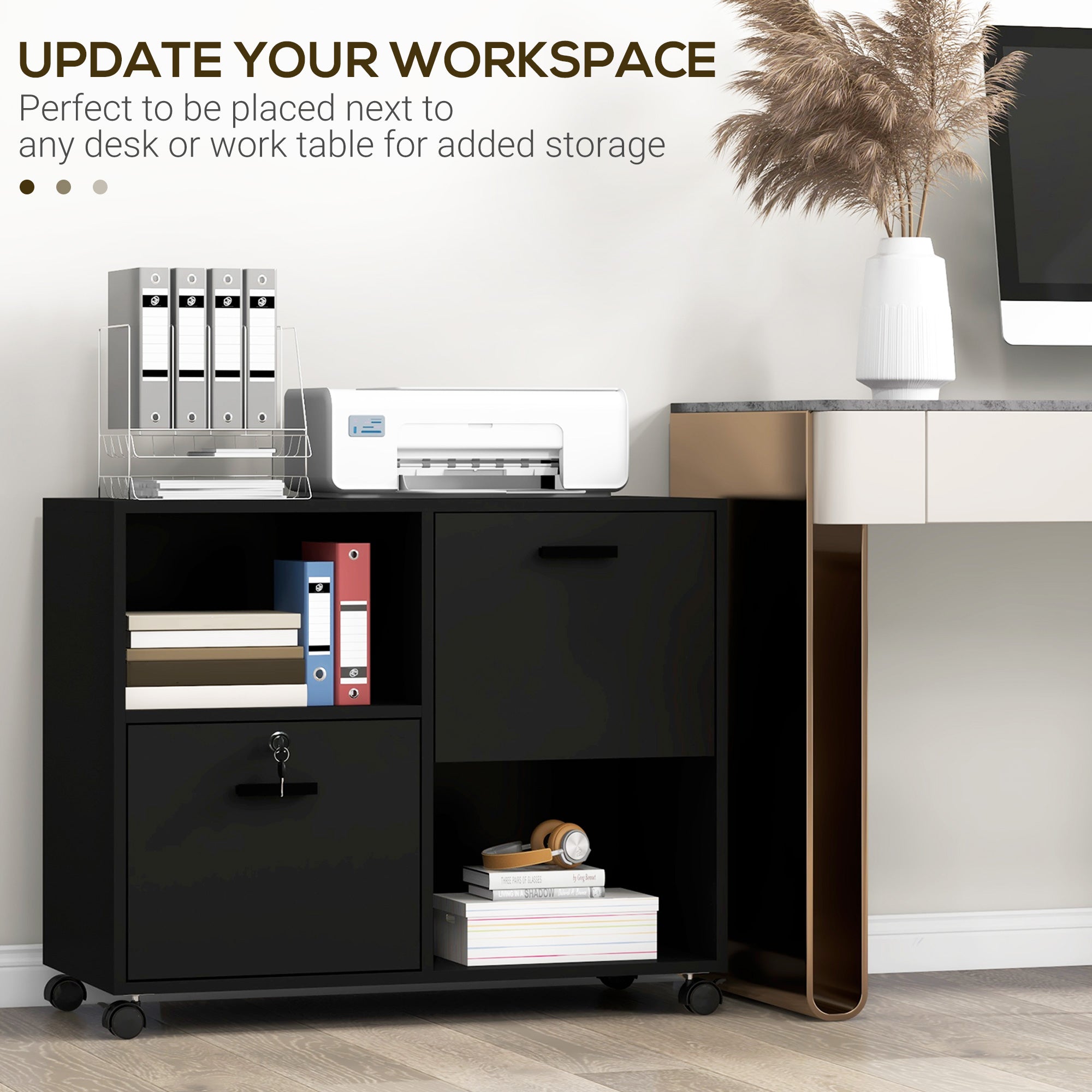 Mobile Printer Stand, Lateral File Cabinet with Lock, Filing Cabinet with Hanging Bars for Letter, A4 Size, Black-Office Products > Office Furniture > Office Cabinets & Cupboards-DECOROLALA