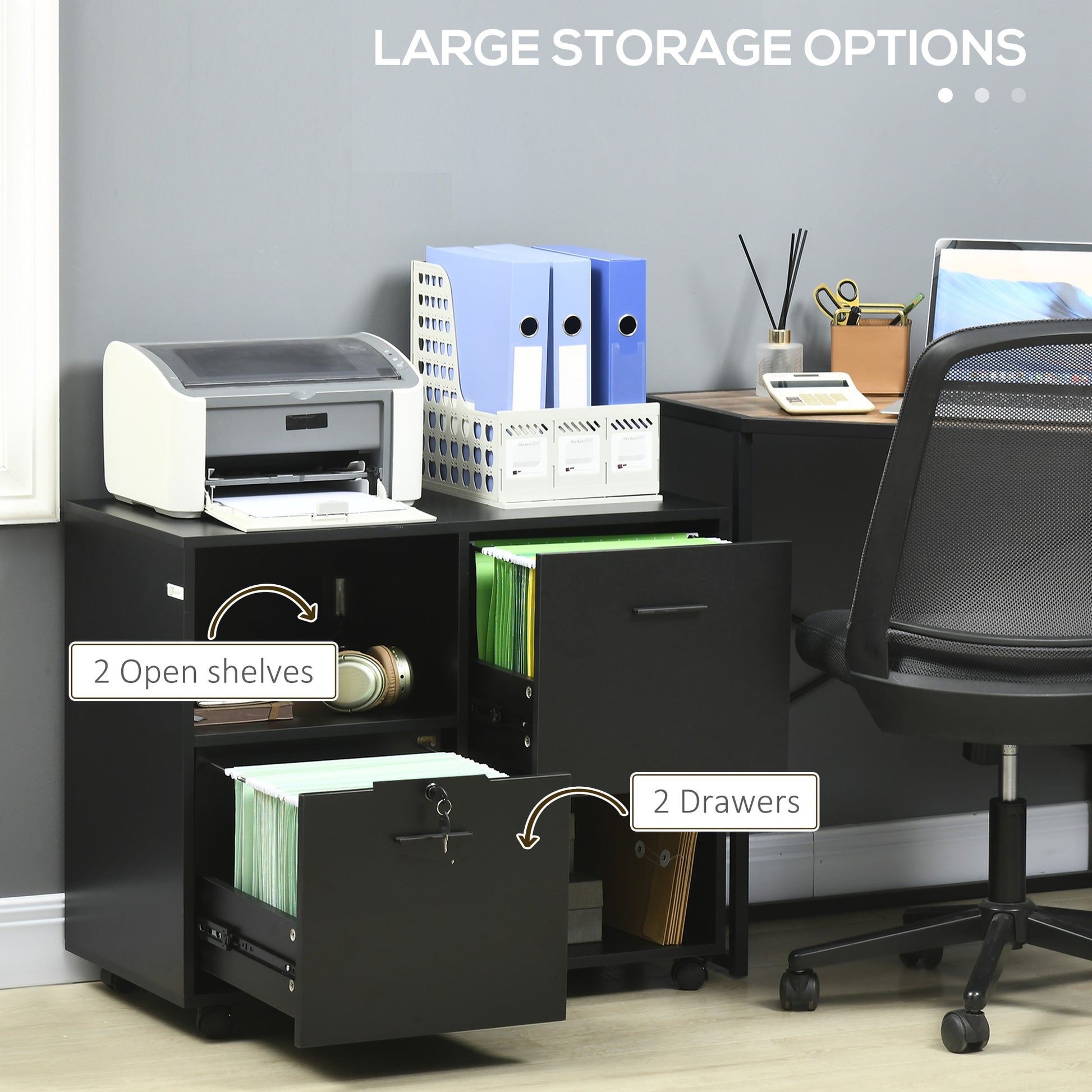 Mobile Printer Stand, Lateral File Cabinet with Lock, Filing Cabinet with Hanging Bars for Letter, A4 Size, Black-Office Products > Office Furniture > Office Cabinets & Cupboards-DECOROLALA