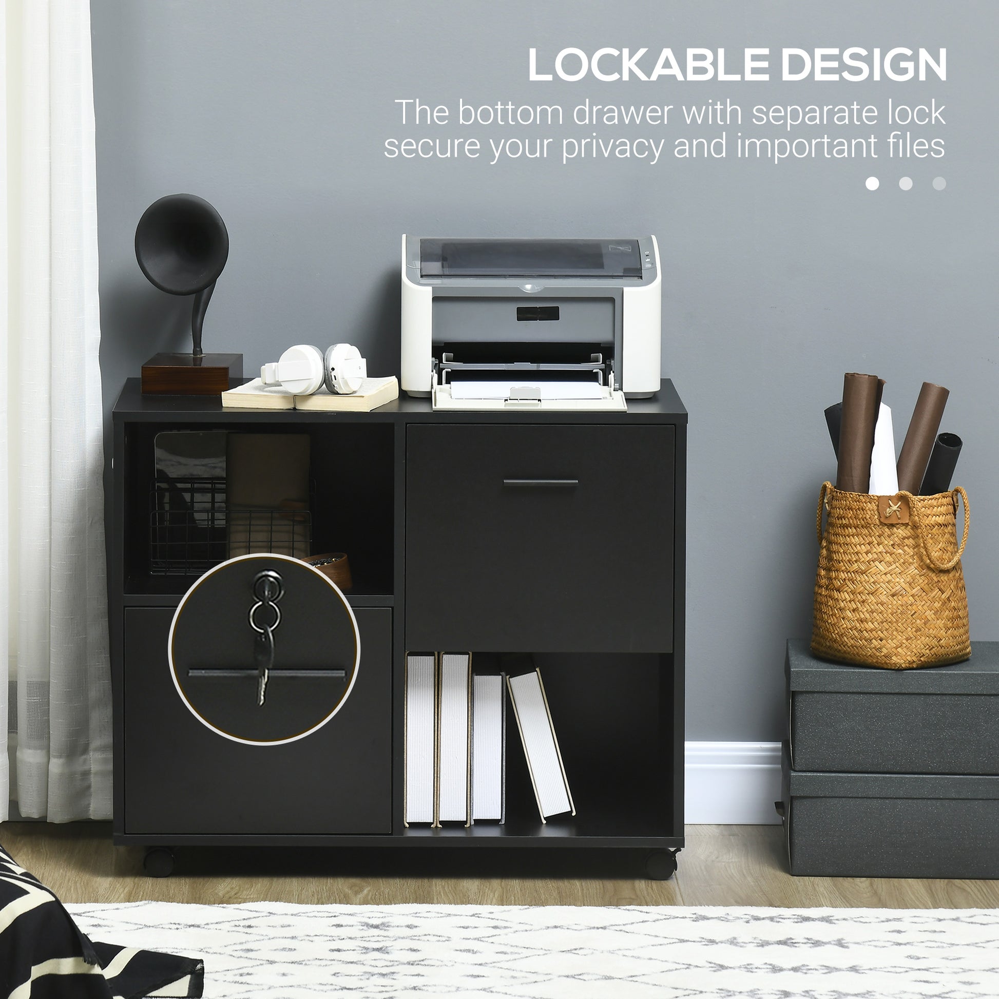 Mobile Printer Stand, Lateral File Cabinet with Lock, Filing Cabinet with Hanging Bars for Letter, A4 Size, Black-Office Products > Office Furniture > Office Cabinets & Cupboards-DECOROLALA