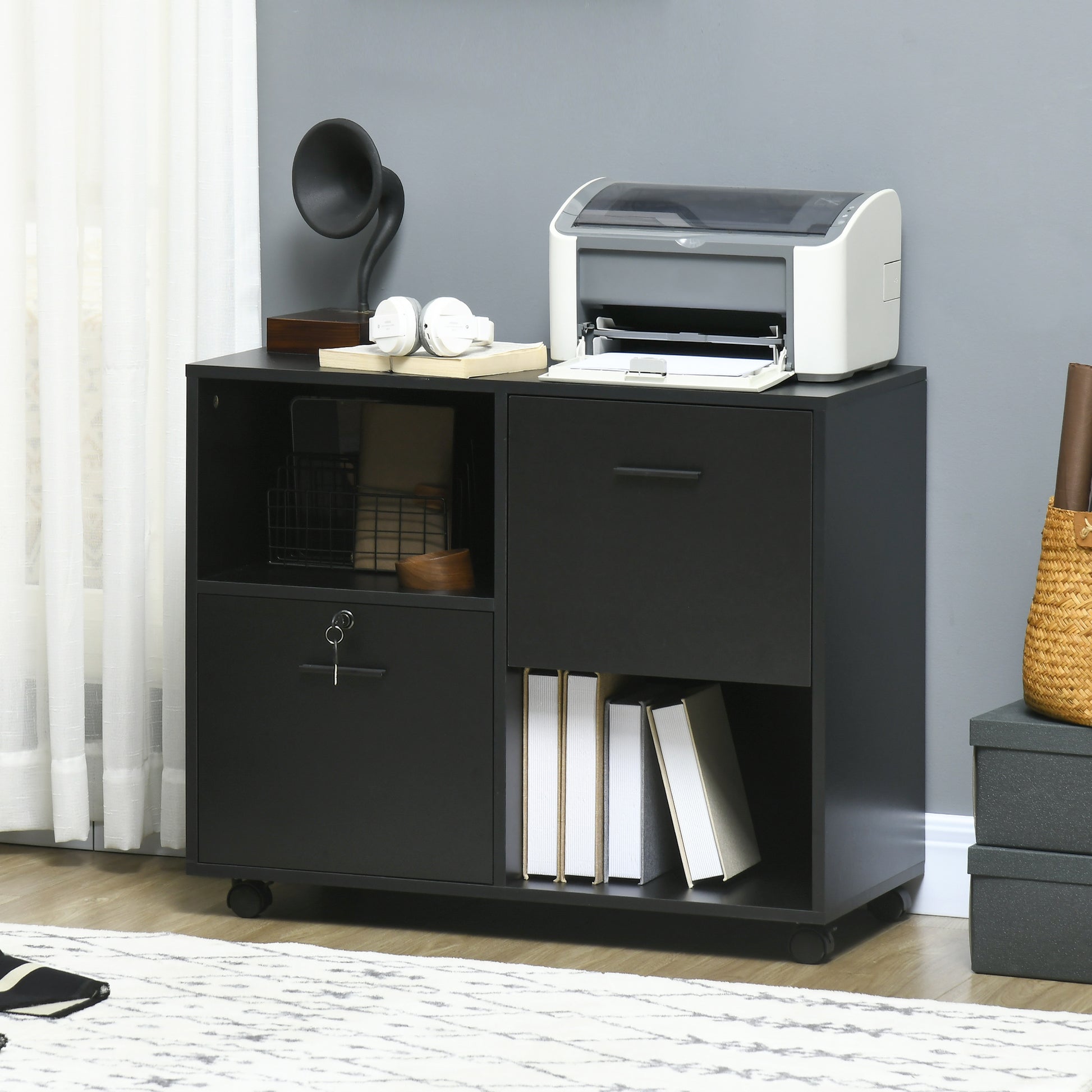 Mobile Printer Stand, Lateral File Cabinet with Lock, Filing Cabinet with Hanging Bars for Letter, A4 Size, Black-Office Products > Office Furniture > Office Cabinets & Cupboards-DECOROLALA
