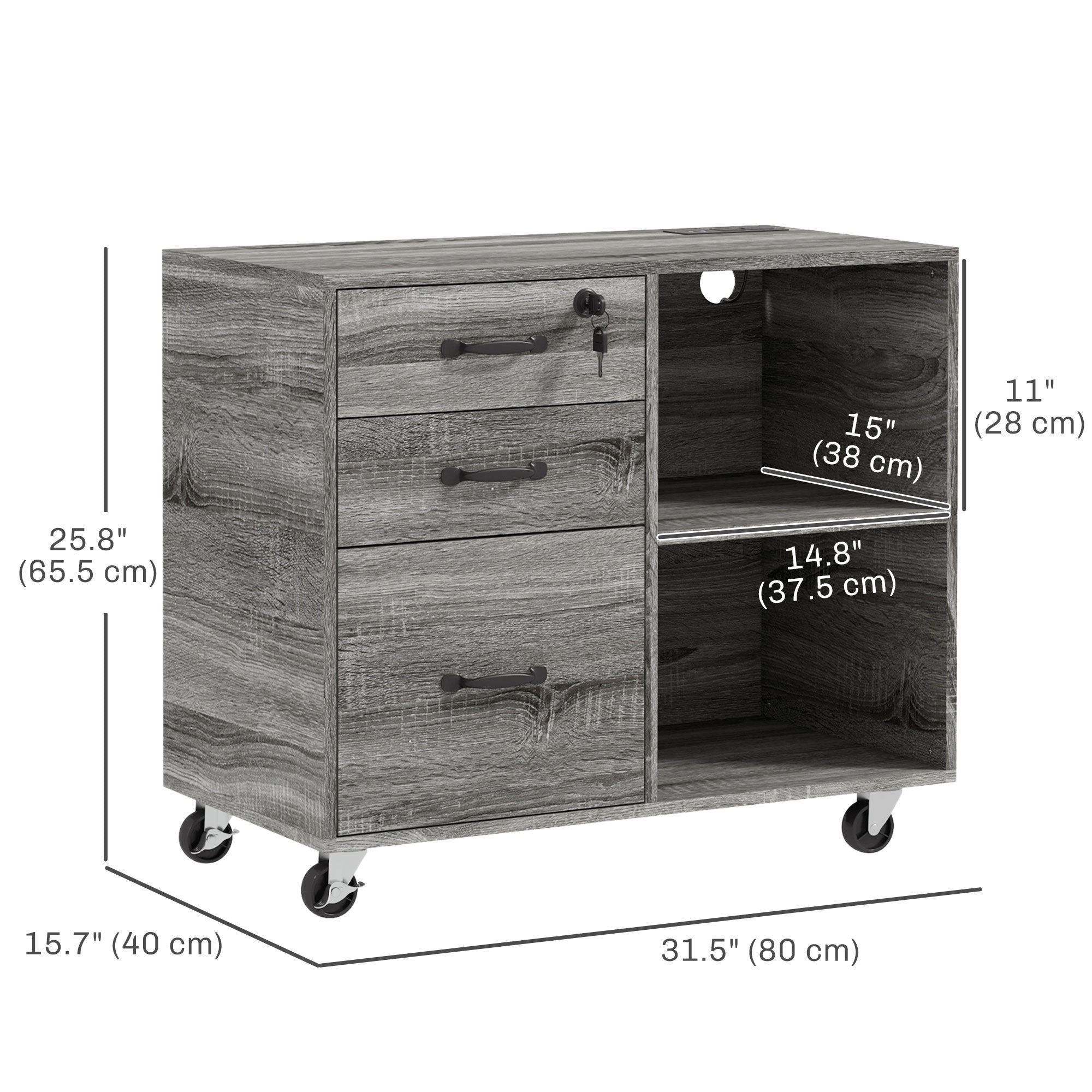 Mobile Printer Stand with Charging Station & File Cabinet - Grey-Office Products > Office Furniture > Office Cabinets & Cupboards-DECOROLALA